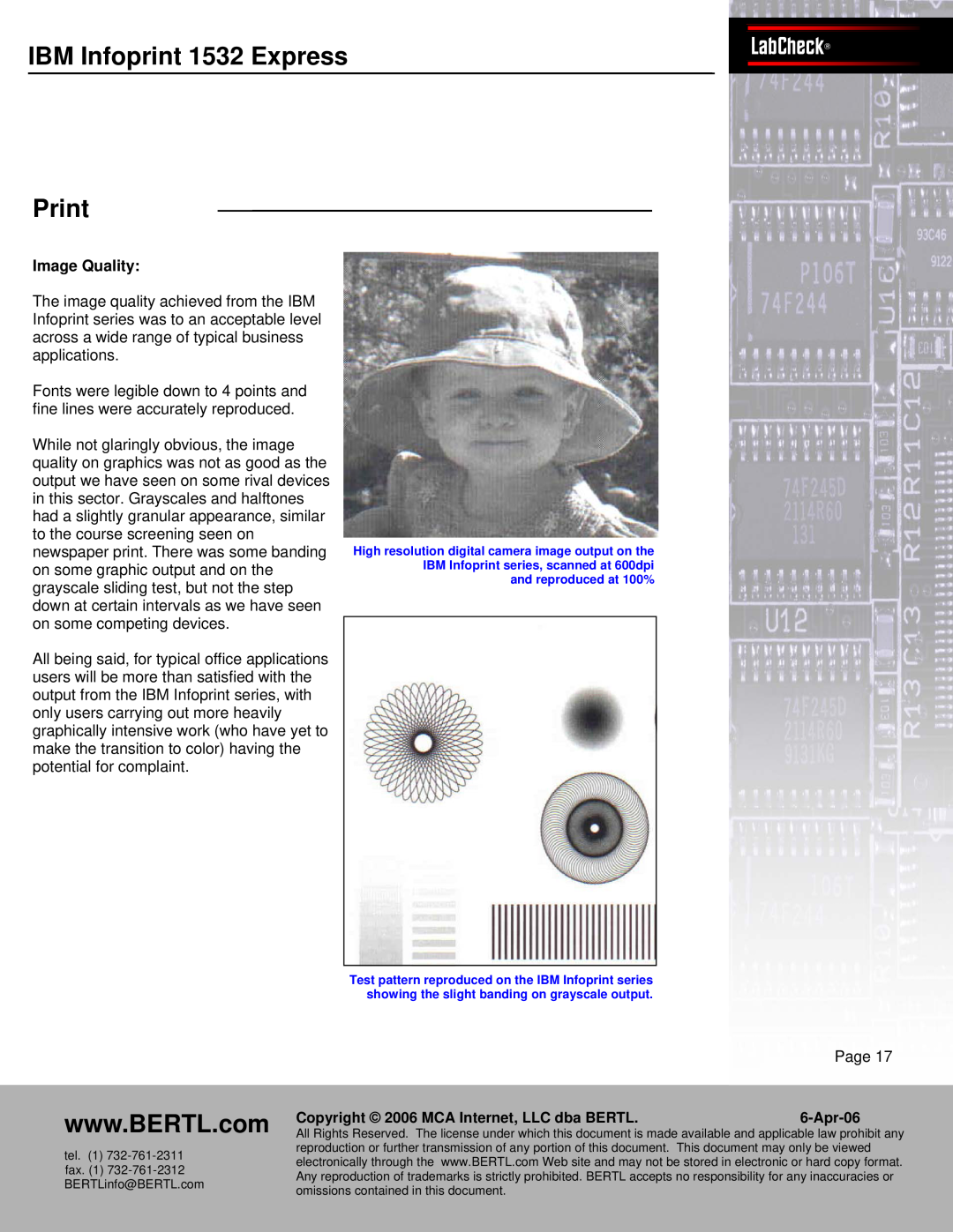 IBM Bertl manual Image Quality, IBMPanasInfonicprintWORKiO1532 ExpressDP-6530LabCheck Print, Page, Apr-06 