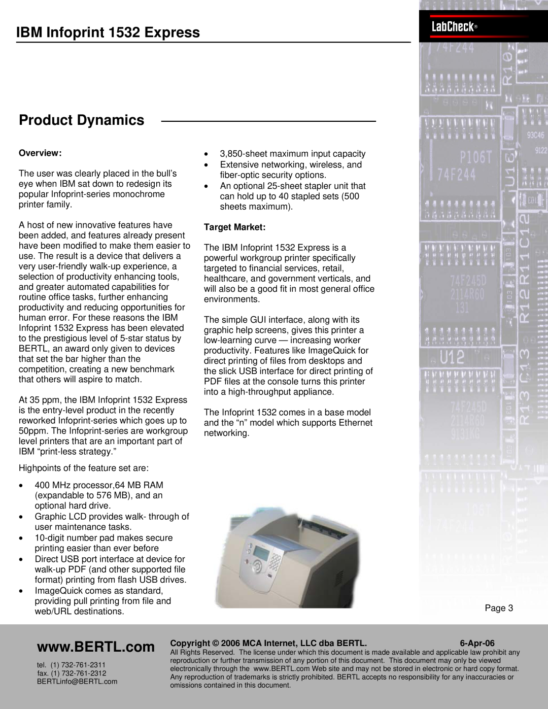 IBM Bertl IBMPanasInfonicprintWORKiO1532 ExpressDP-6530LabCheck, Product Dynamics, Overview, Target Market, Page, Apr-06 