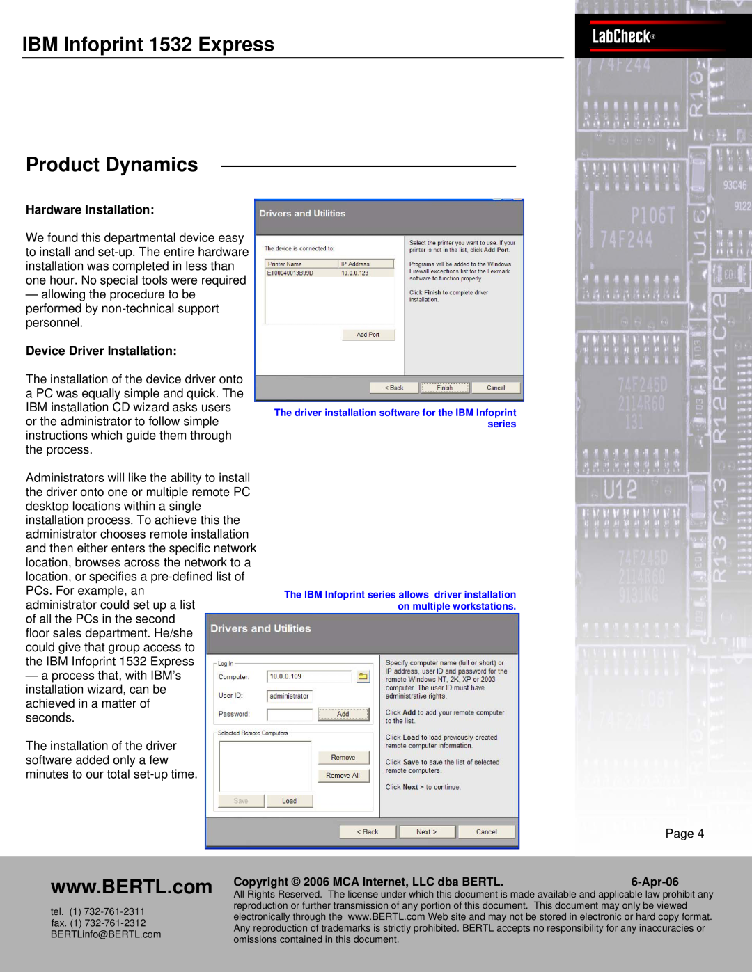 IBM Bertl Hardware Installation, Device Driver Installation, IBMPanasInfonicprintWORKiO1532 ExpressDP-6530LabCheck, Page 