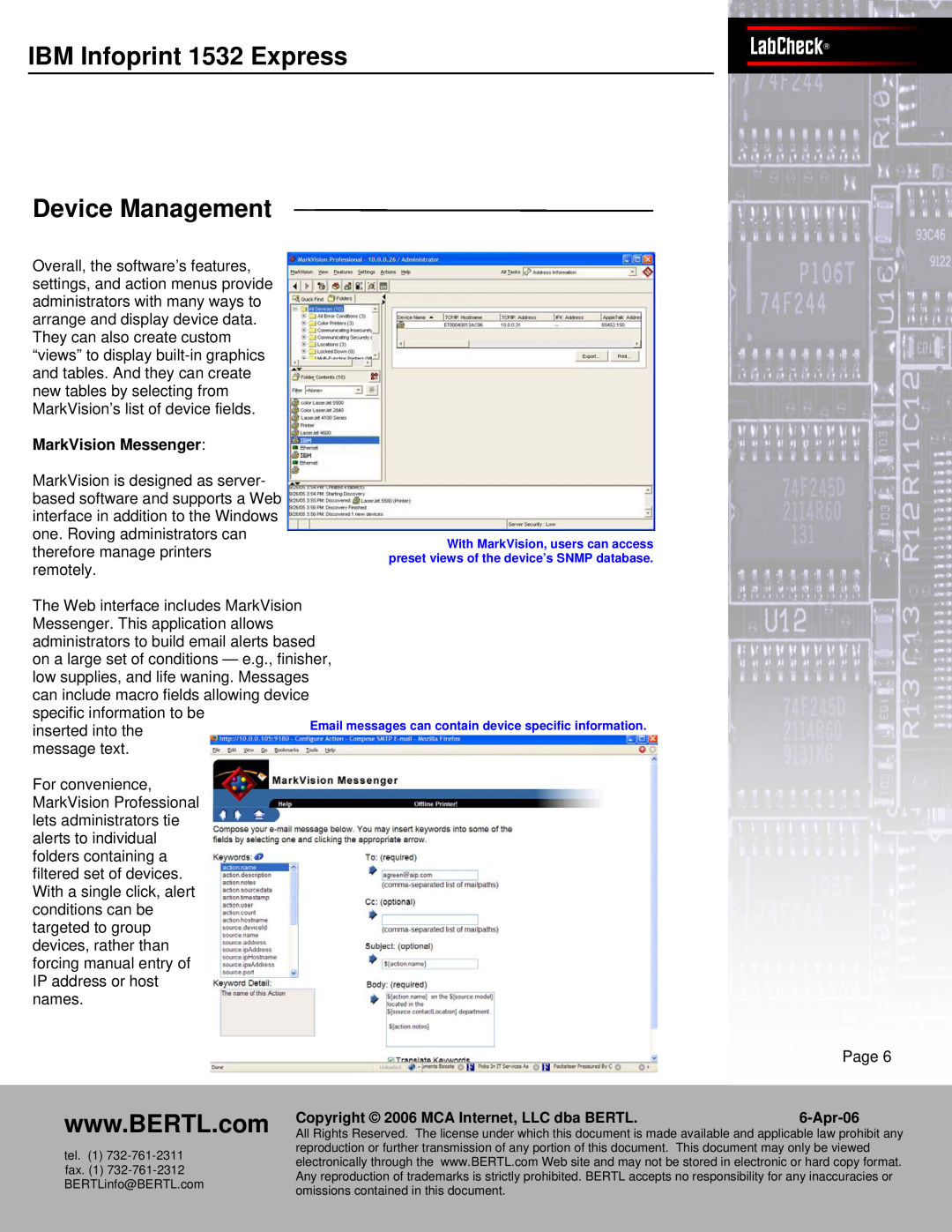 IBM Bertl MarkVision Messenger, IBMPanasInfonicprintWORKiO1532 ExpressDP-6530LabCheck, Device Management, Page, Apr-06 