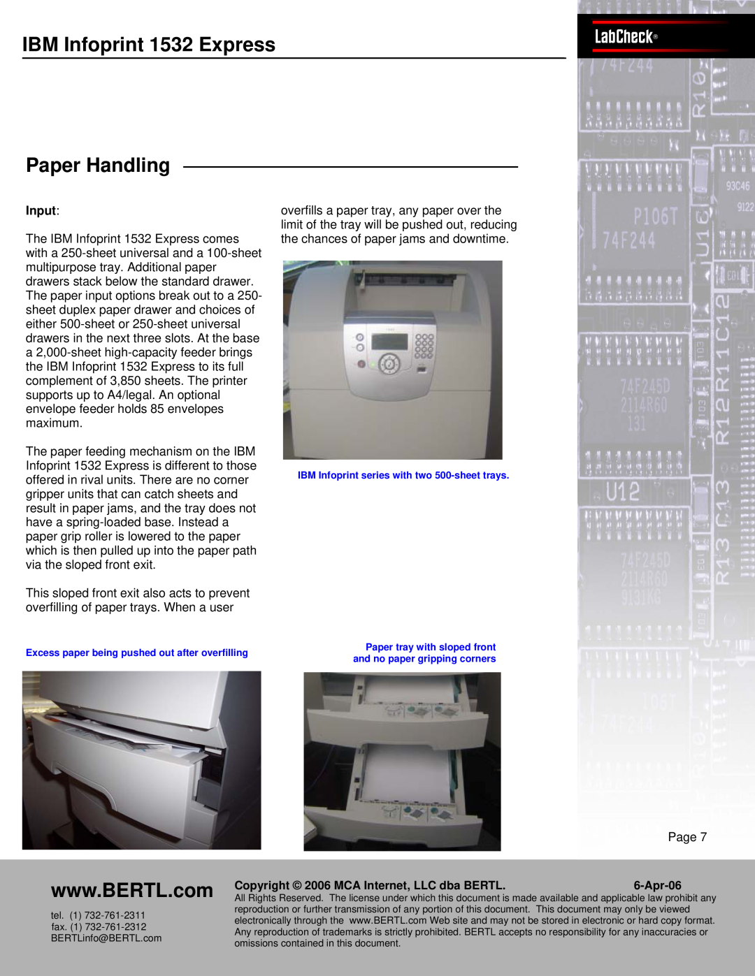 IBM Bertl manual IBMPanasInfonicprintWORKiO1532 ExpressDP-6530LabCheck Paper Handling, Input, Page, Apr-06 
