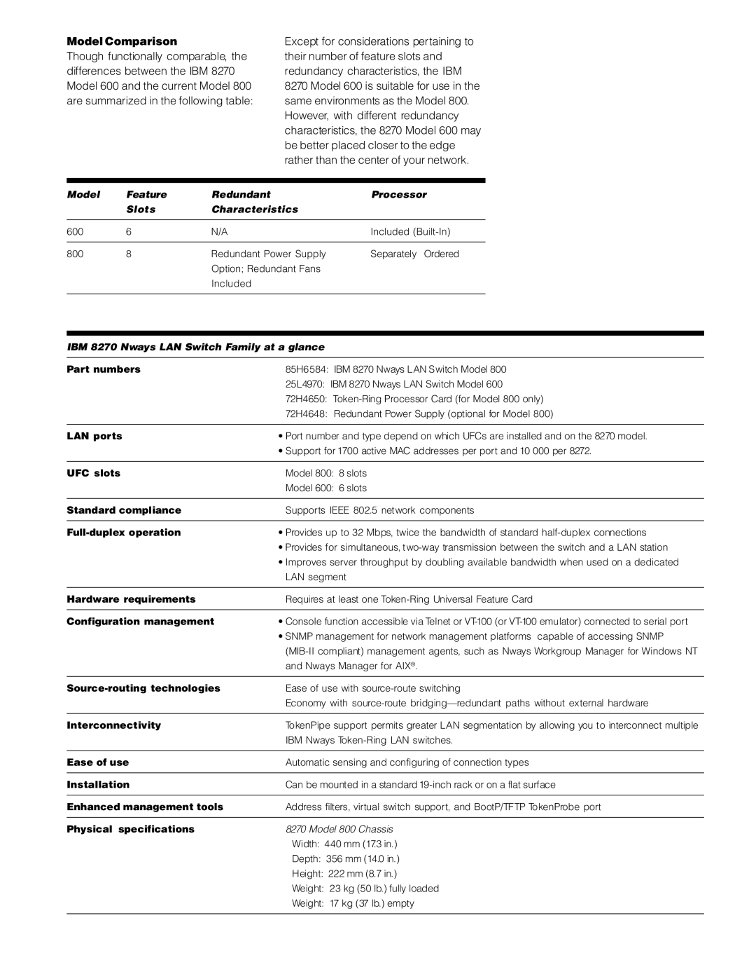 IBM BM 8270 manual Model Comparison, Model Feature Redundant Processor Slots Characteristics 