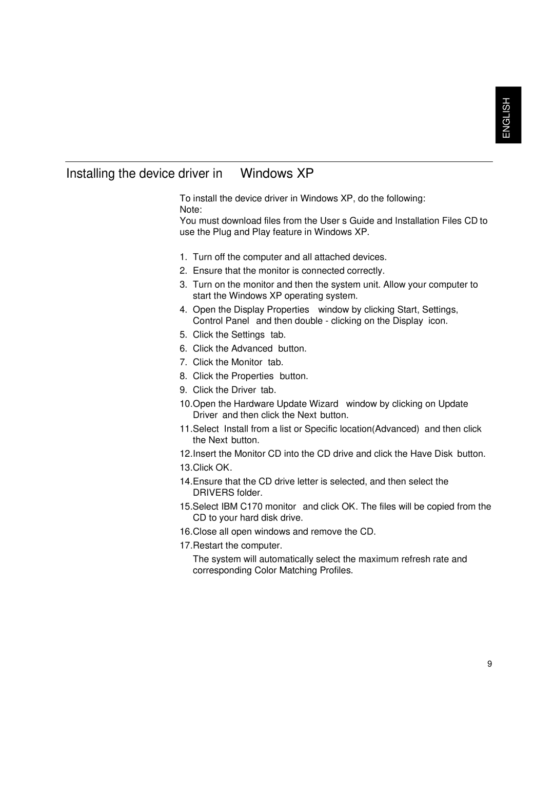 IBM C170 manual Installing the device driver in Windows XP 