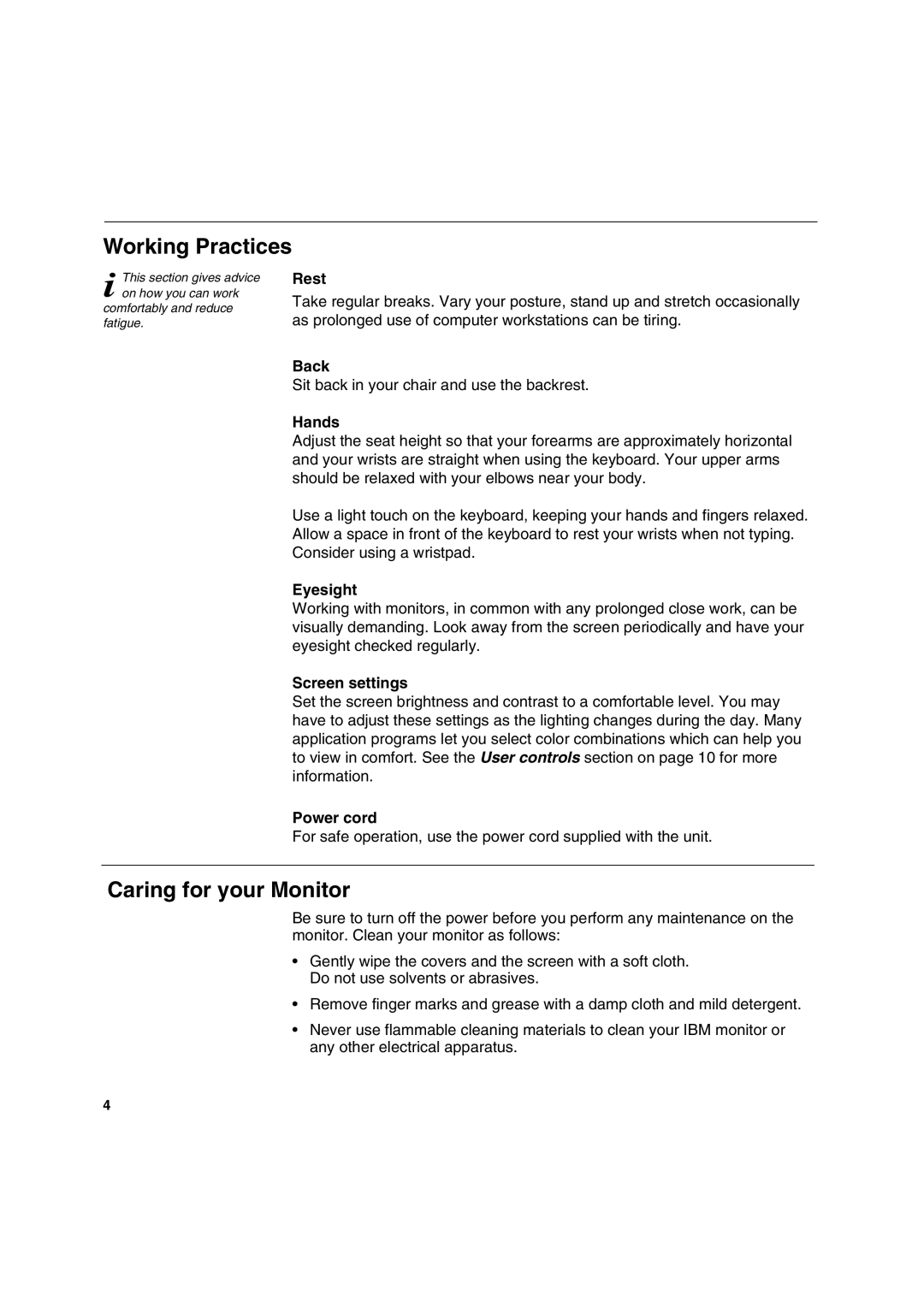 IBM C170 manual Caring for your Monitor, Working Practices 