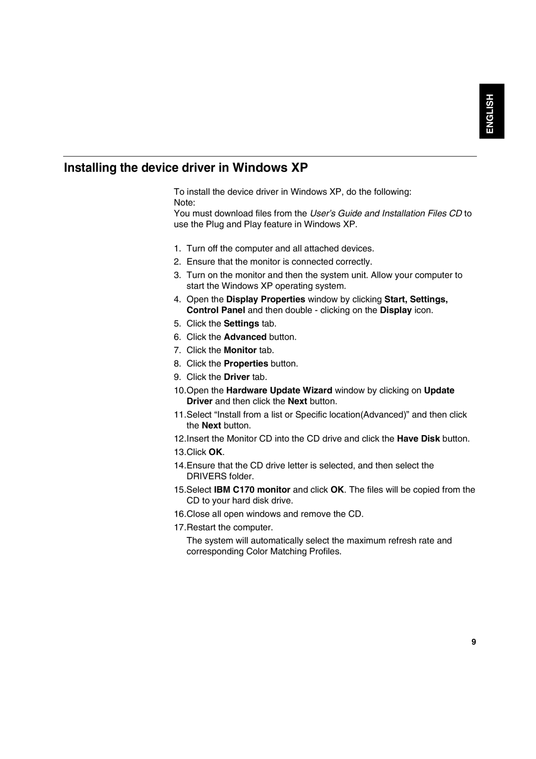 IBM C170 manual Installing the device driver in Windows XP, English 