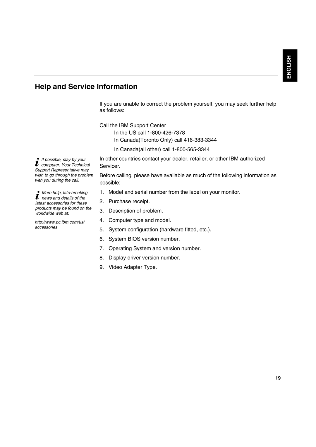 IBM C170 manual Help and Service Information, English 