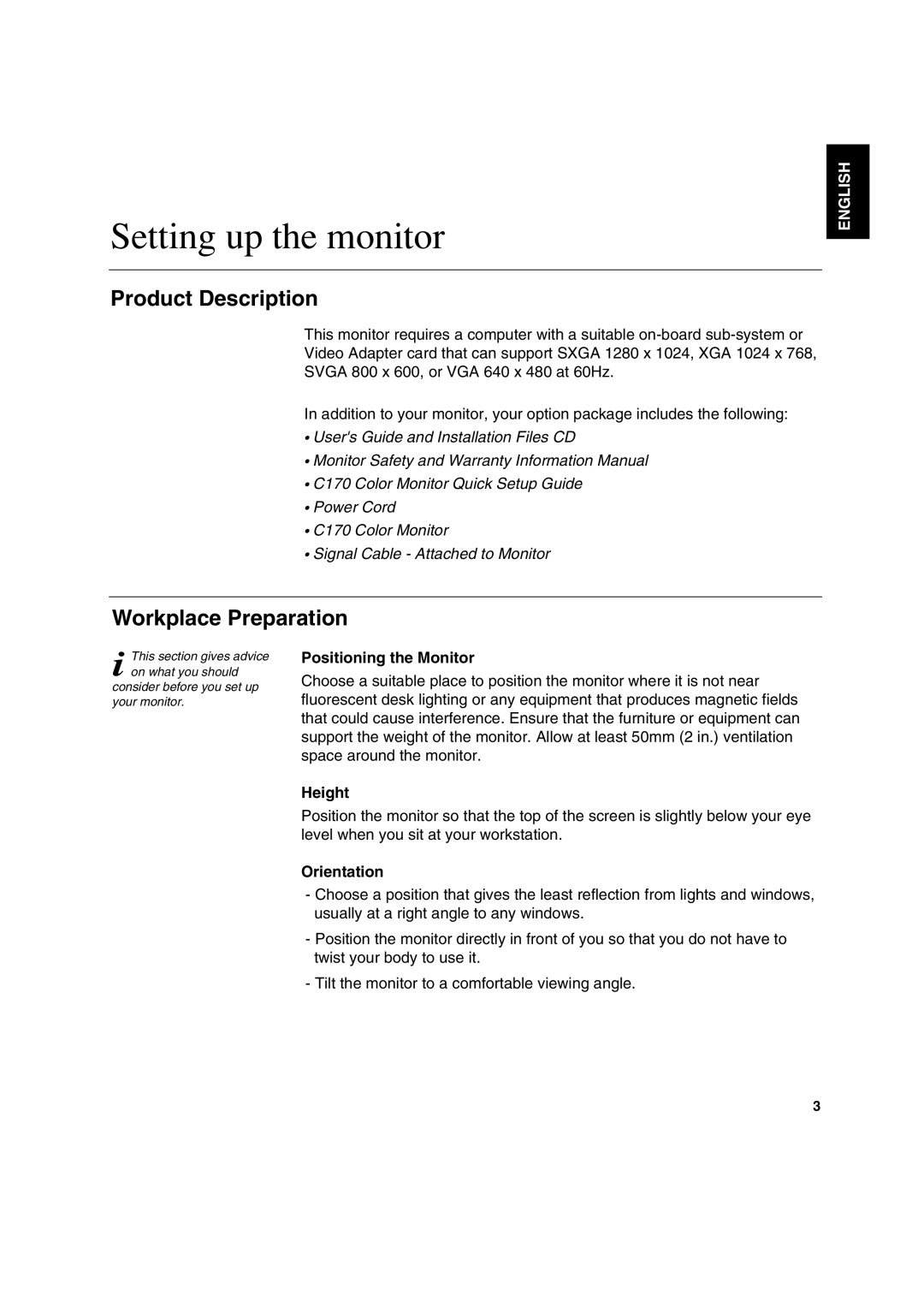IBM C170 Setting up the monitor, Product Description, Workplace Preparation, Users Guide and Installation Files CD, Height 