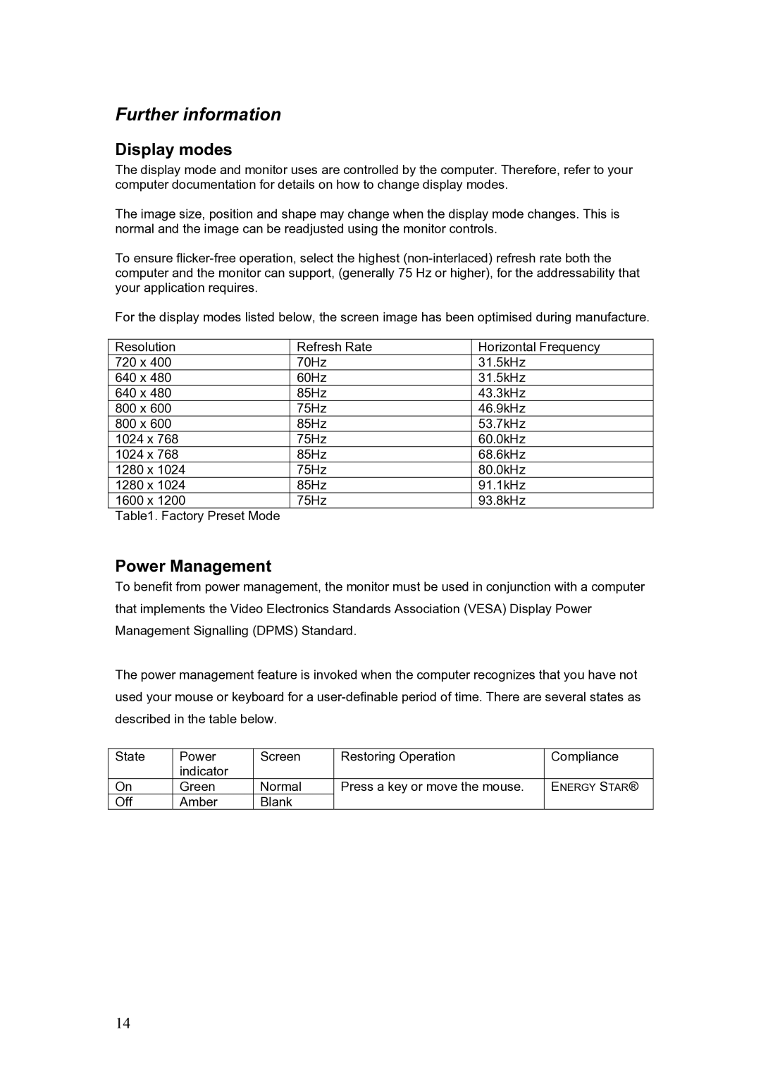 IBM C190 manual Further information, Display modes, Power Management 