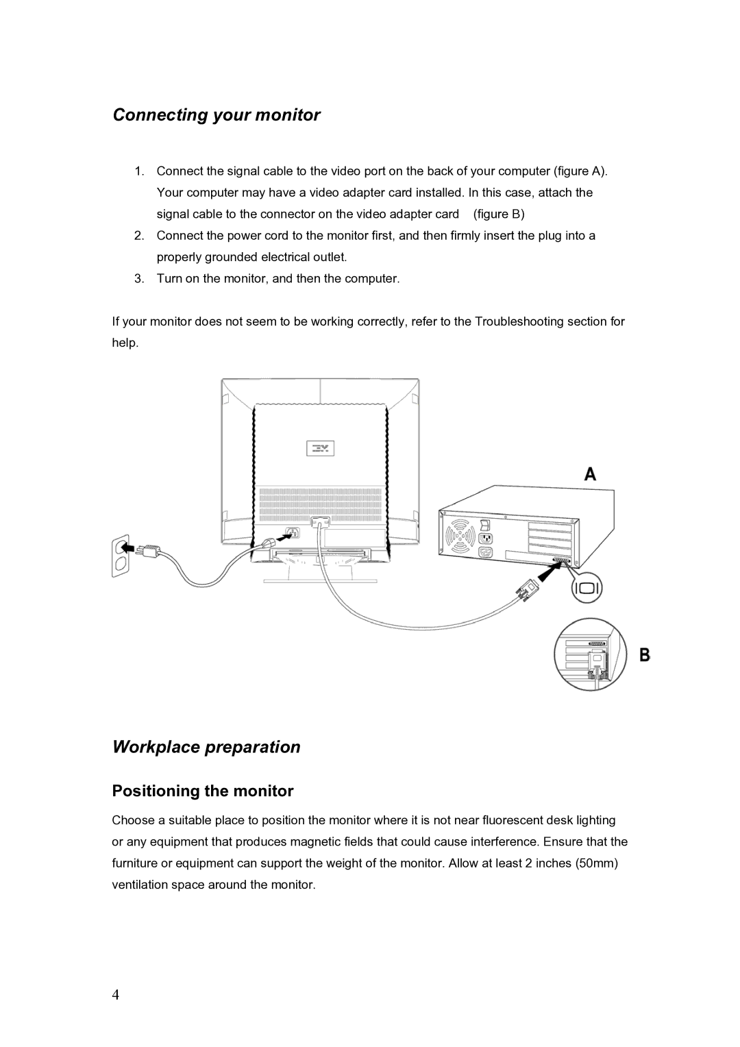 IBM C190 manual Connecting your monitor, Workplace preparation, Positioning the monitor 