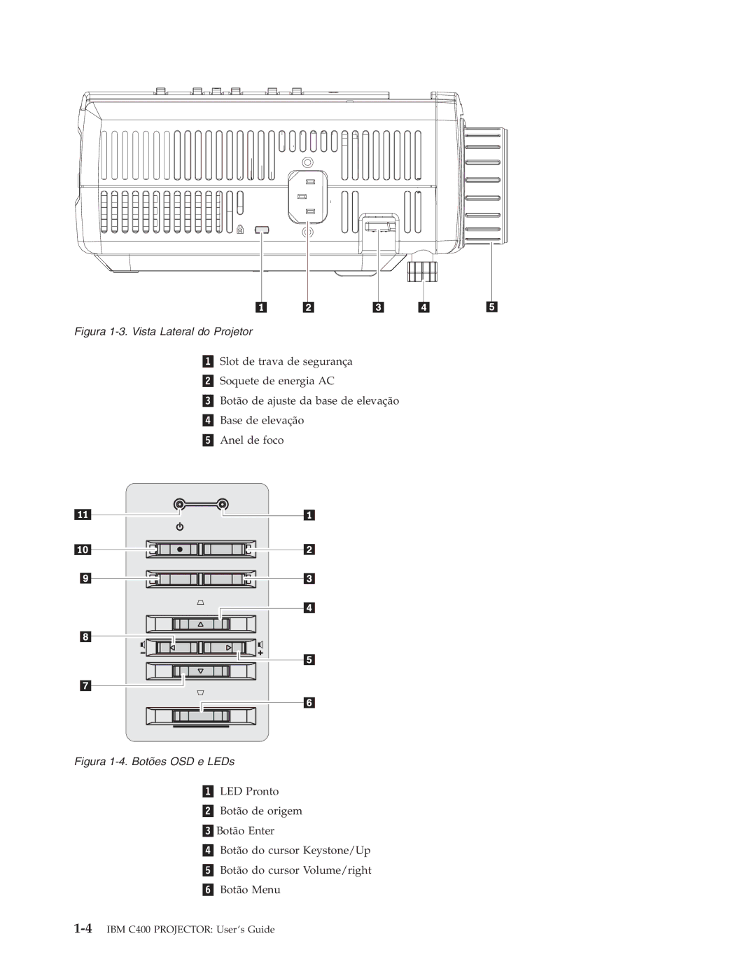 IBM C400 manual Figura 1-3. Vista Lateral do Projetor 