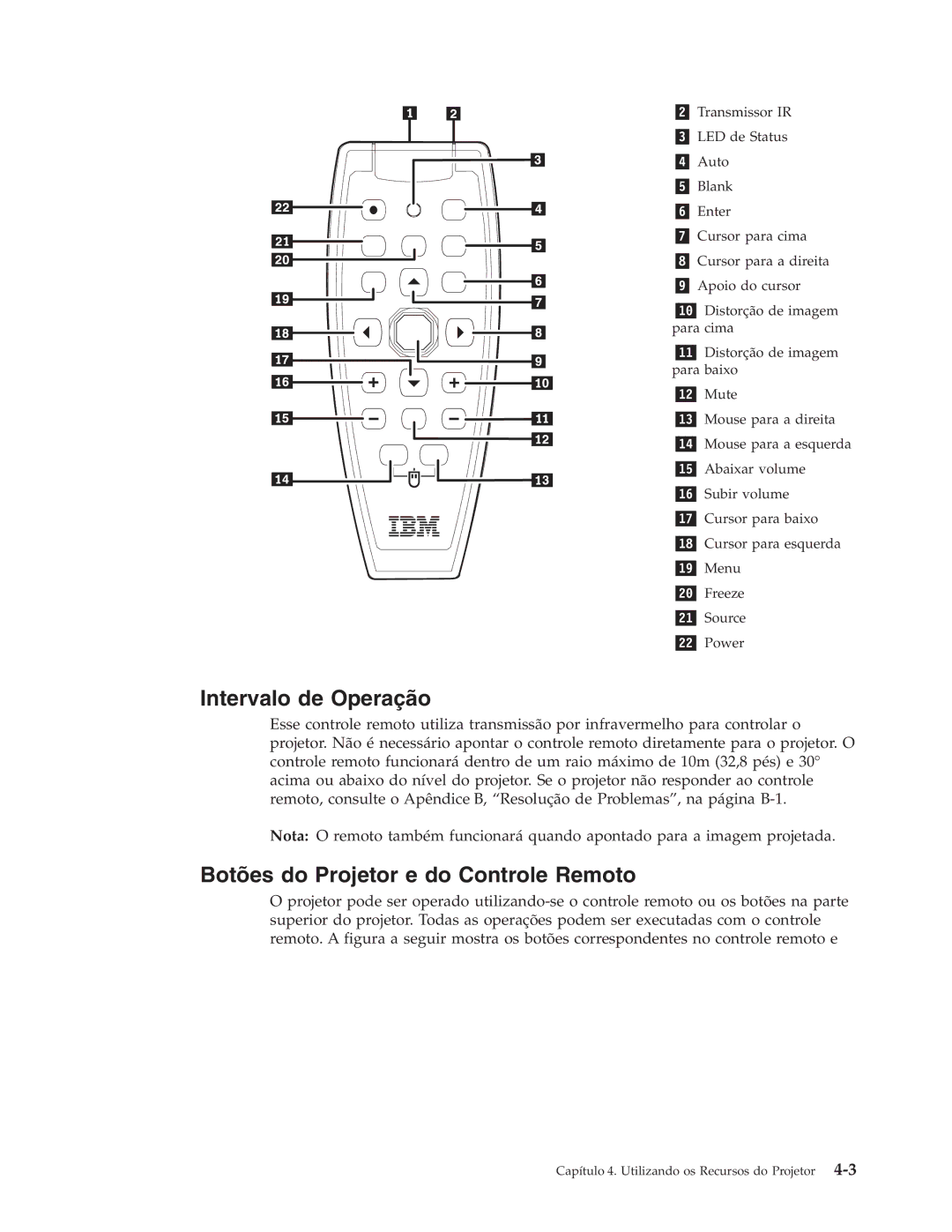 IBM C400 manual Intervalo de Operação, Botões do Projetor e do Controle Remoto 