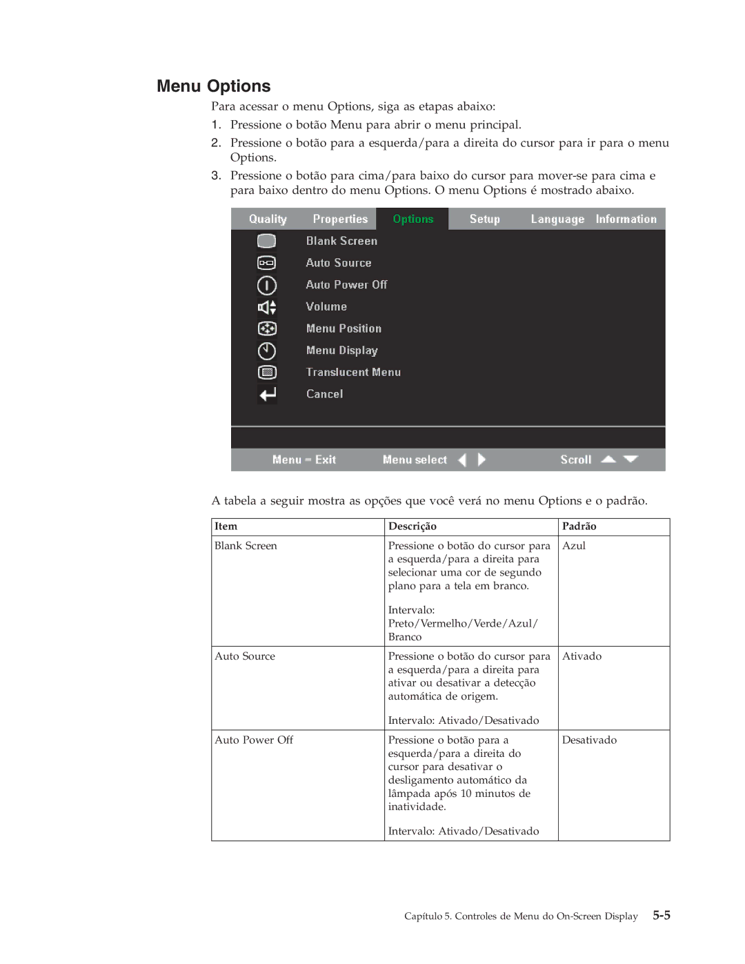 IBM C400 manual Menu Options 