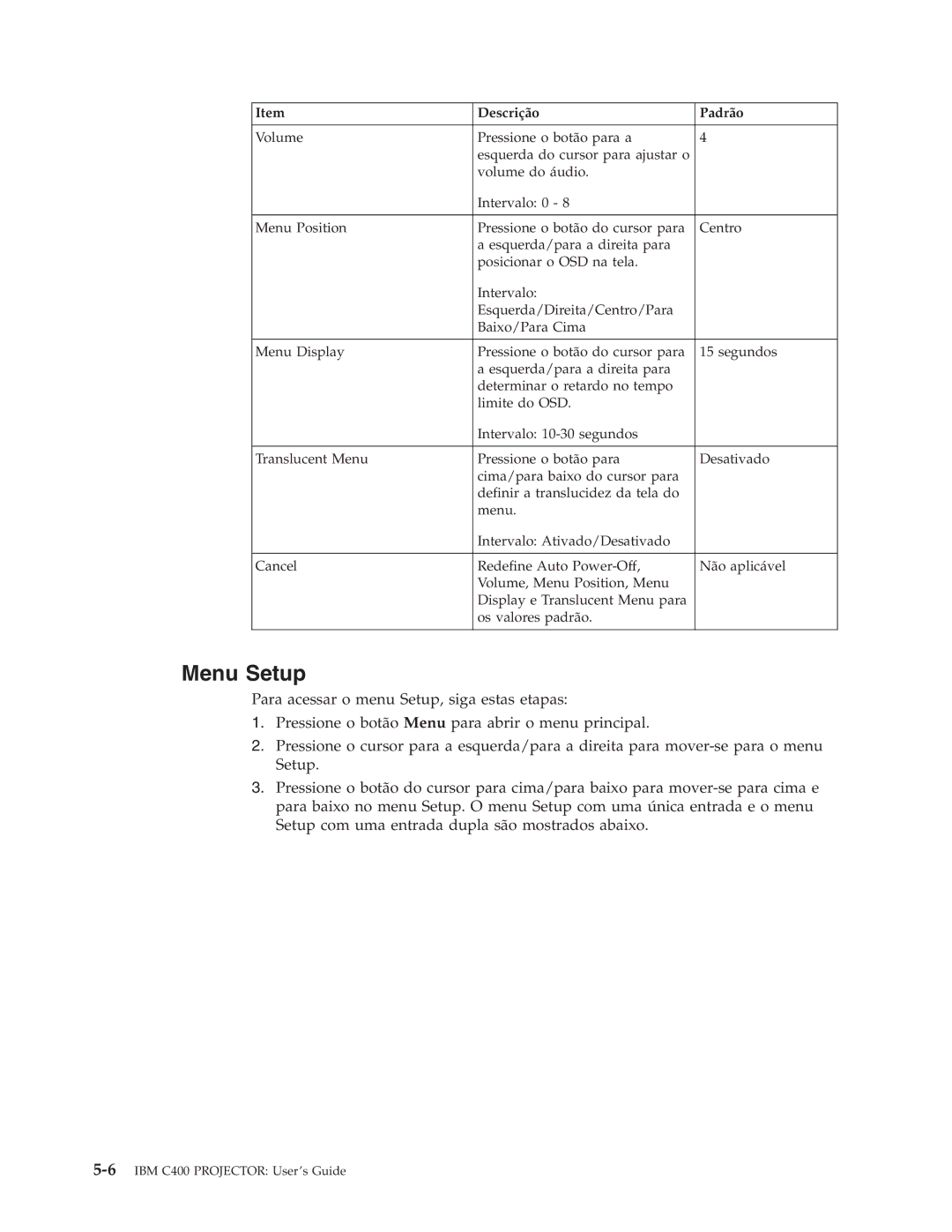 IBM C400 manual Menu Setup 