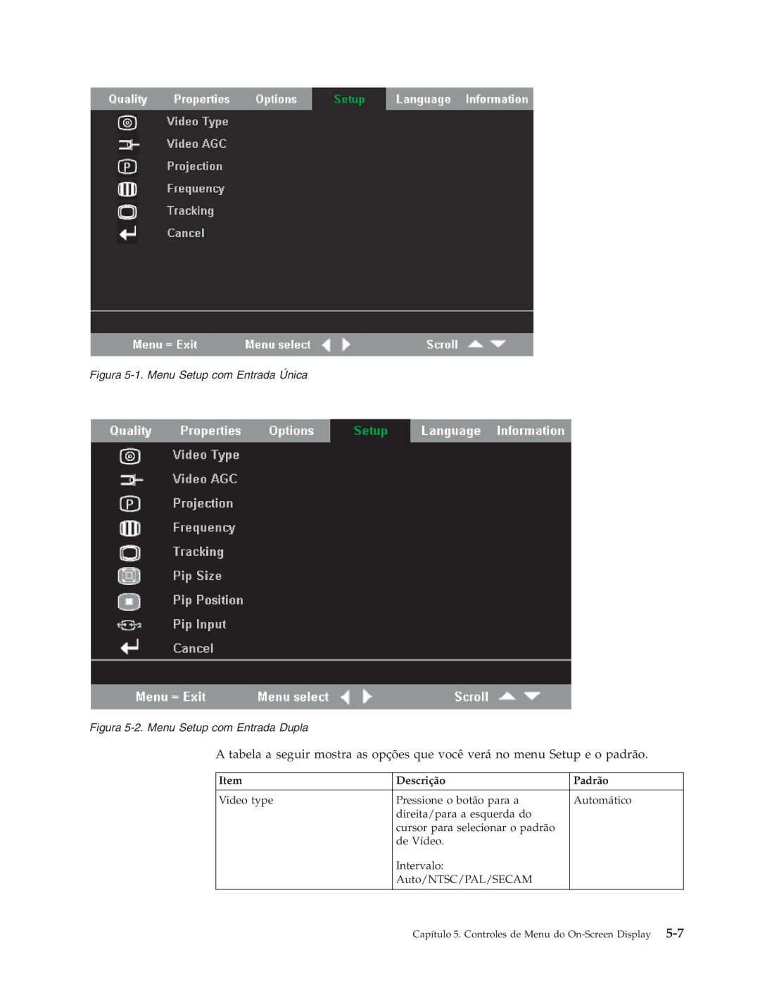 IBM C400 manual Figura 5-1. Menu Setup com Entrada Única 