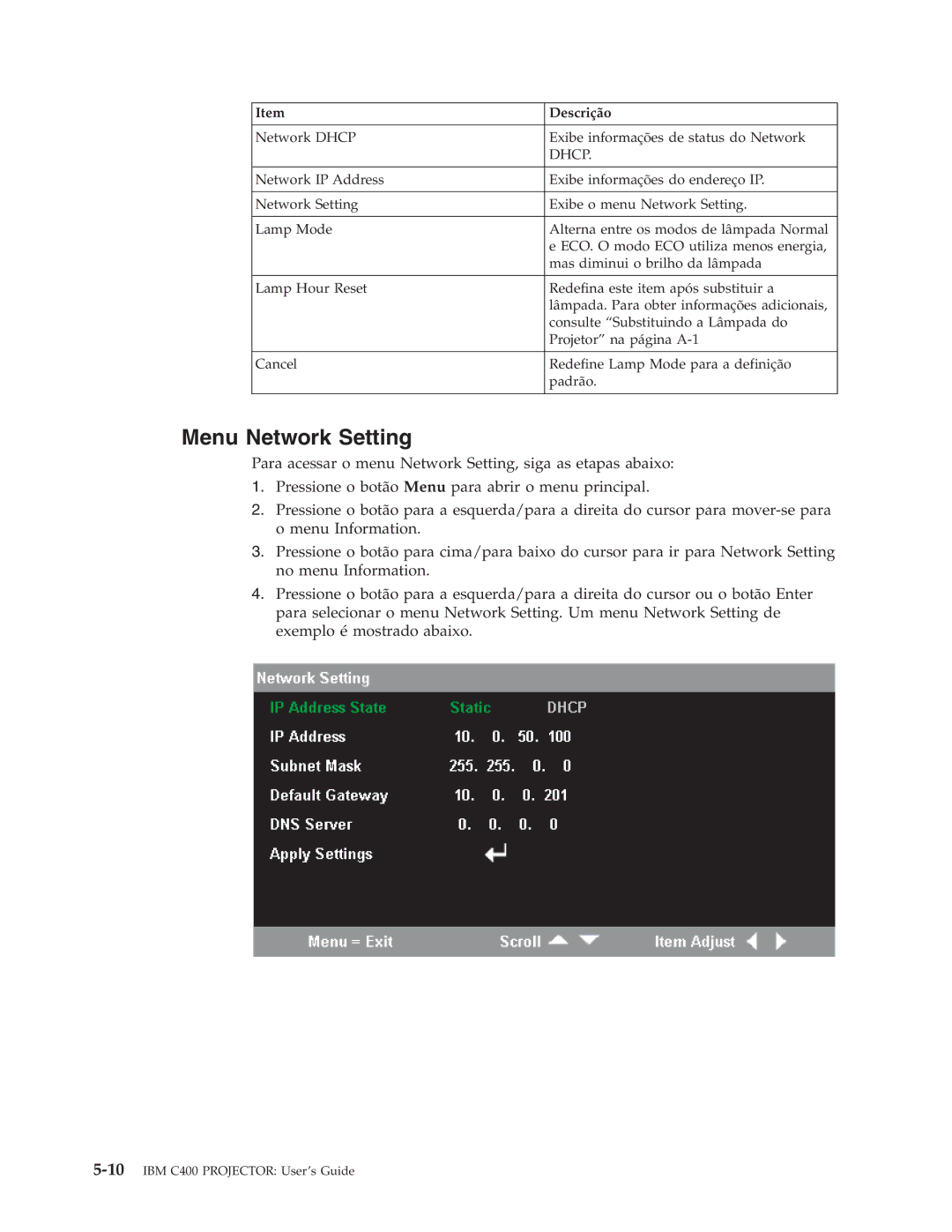 IBM C400 manual Menu Network Setting, Dhcp 