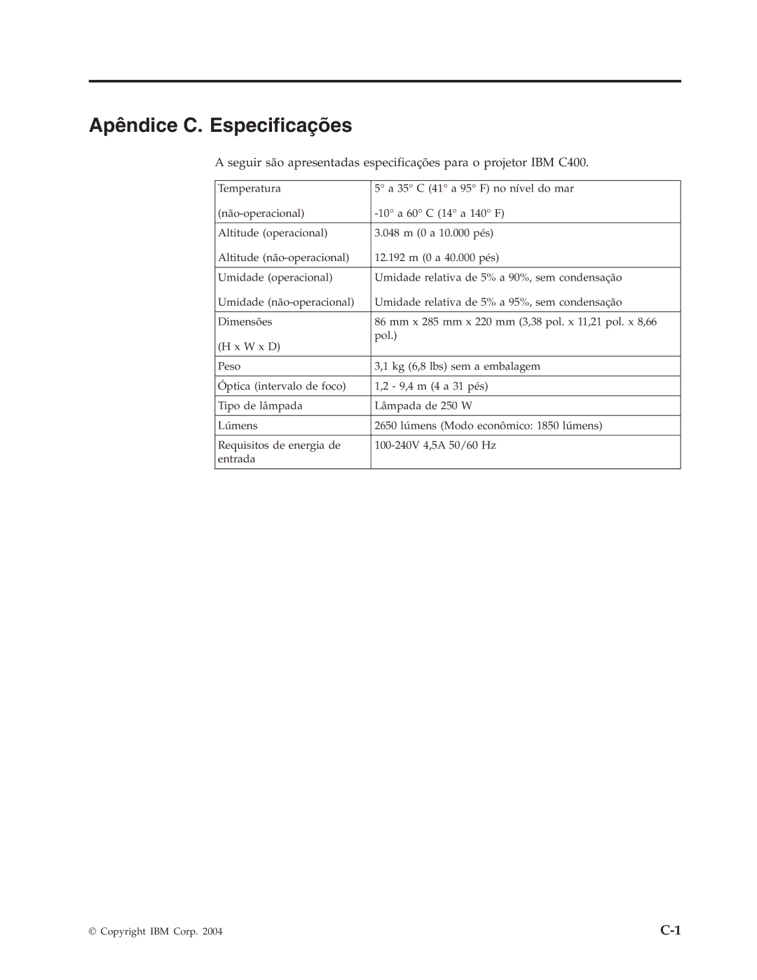 IBM C400 manual Apêndice C. Especificações 