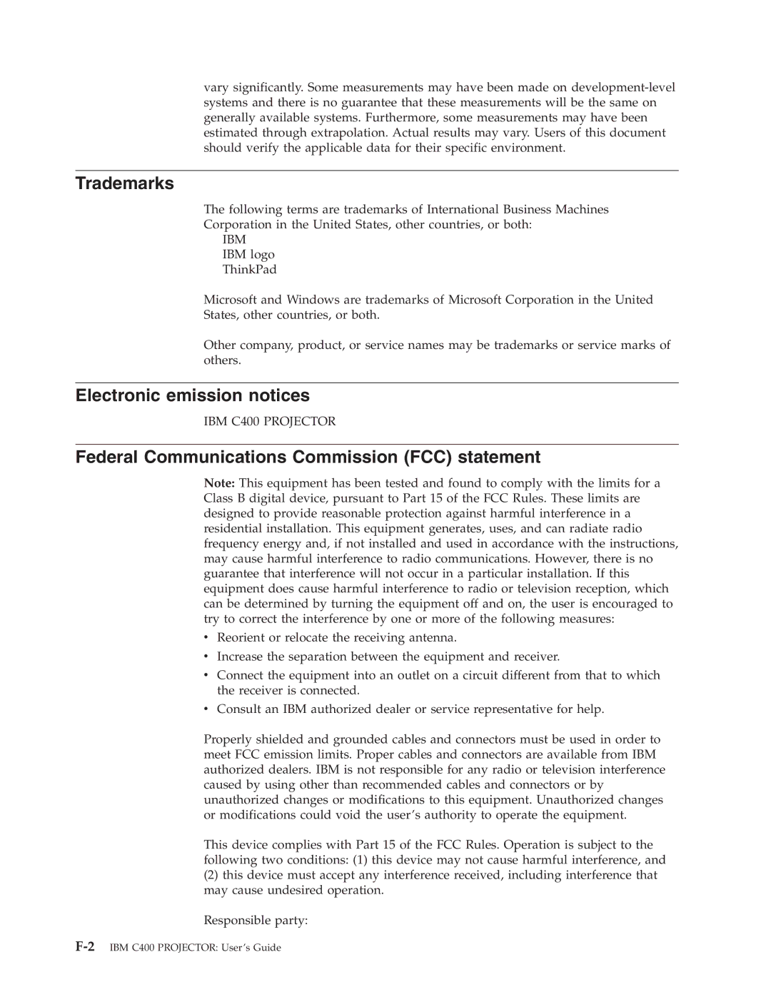 IBM C400 manual Trademarks, Electronic emission notices, Federal Communications Commission FCC statement 