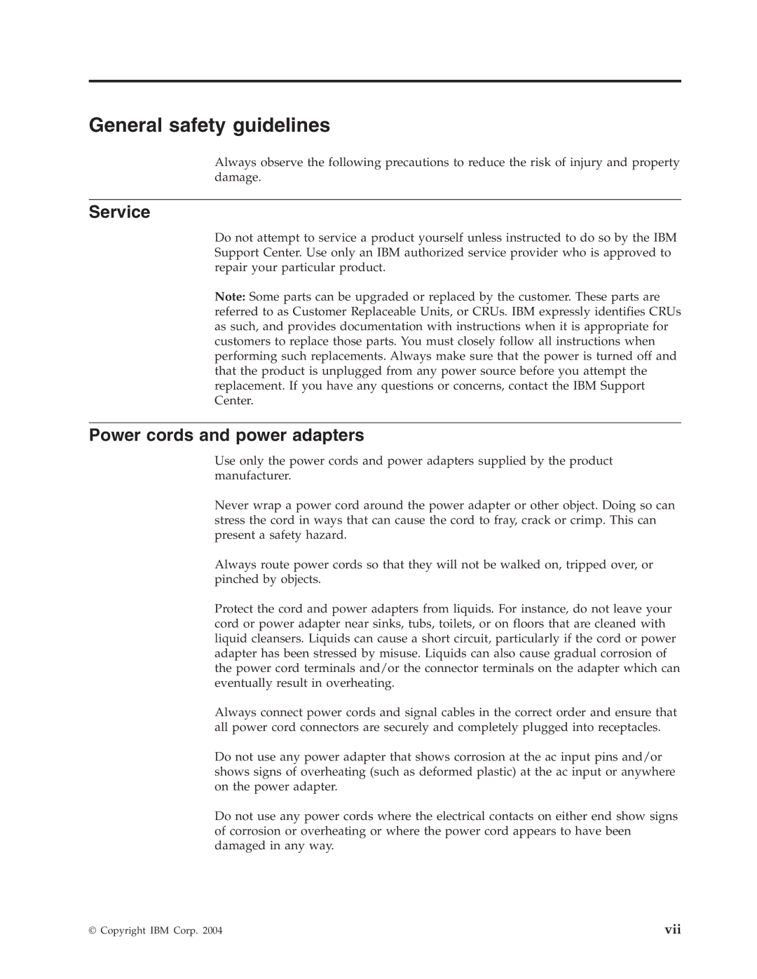 IBM C400 manual General safety guidelines, Service, Power cords and power adapters 