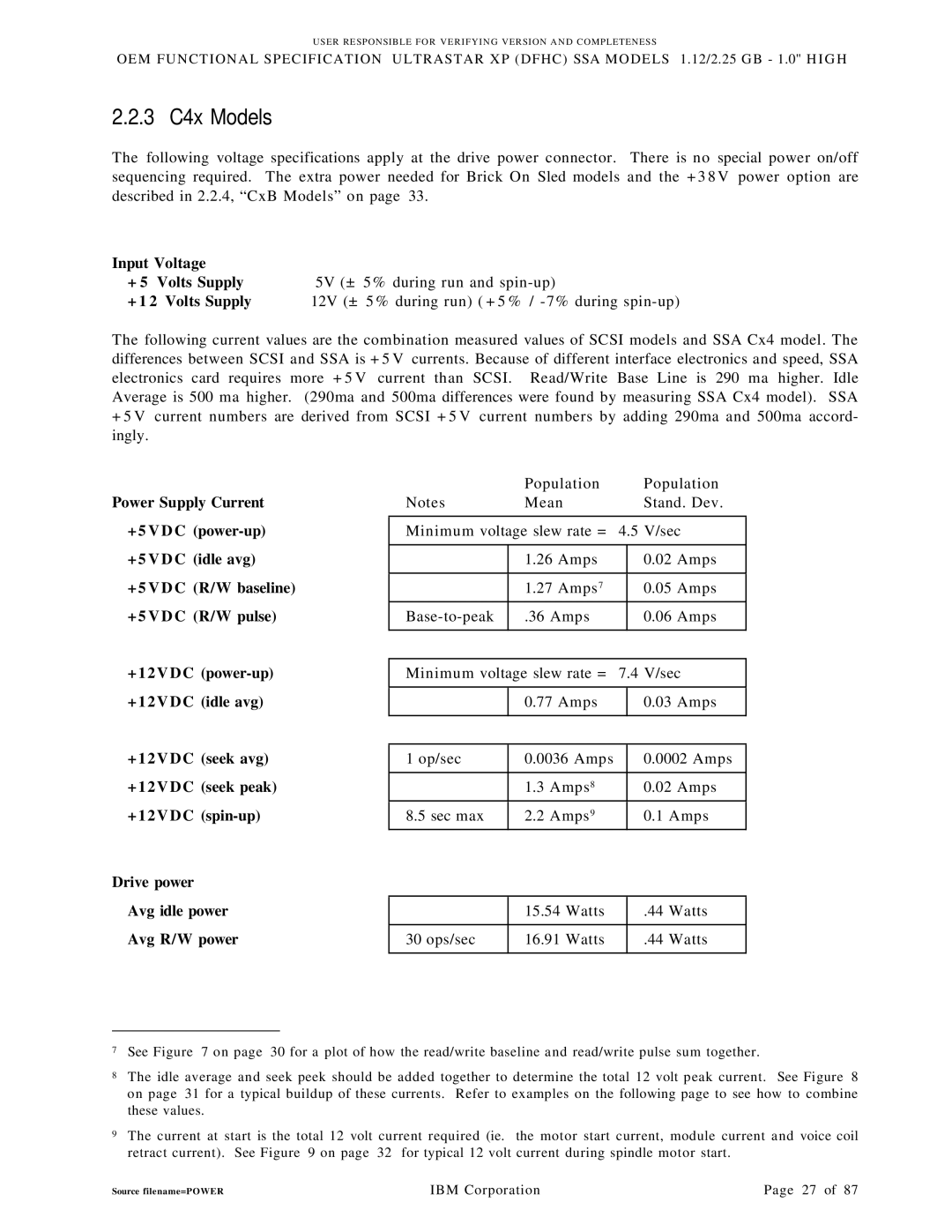 IBM C1B 1.12 Brick On Sled Carrier 128-pin HPC, SSA manual 3 C4x Models, Input Voltage + 5 Volts Supply 