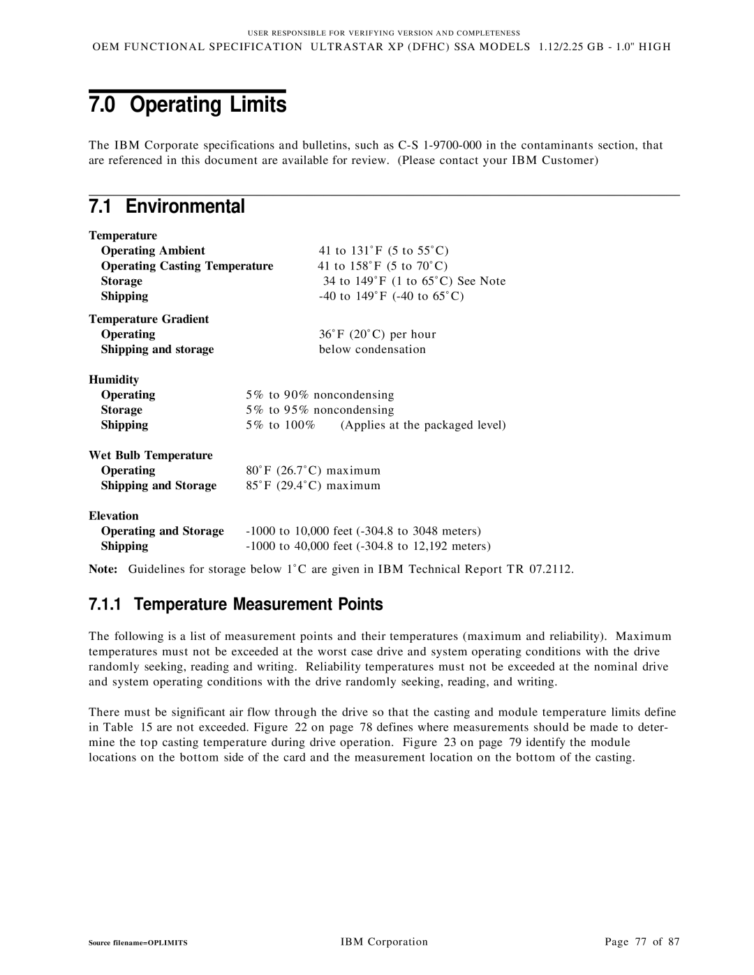 IBM C2B 2.25 Brick On Sled carrier 128-pin HPC, SSA manual Operating Limits, Temperature Measurement Points 