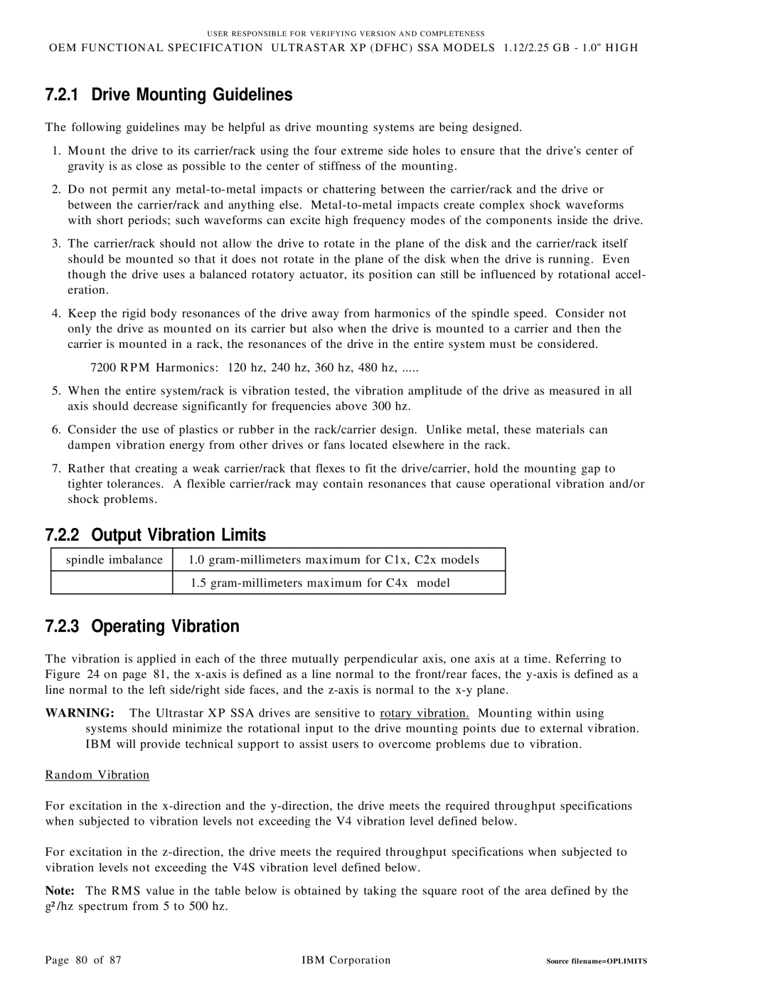 IBM C1C 1.12 3.5-inch Small FF 38-pin Unitized Drive Mounting Guidelines, Output Vibration Limits, Operating Vibration 