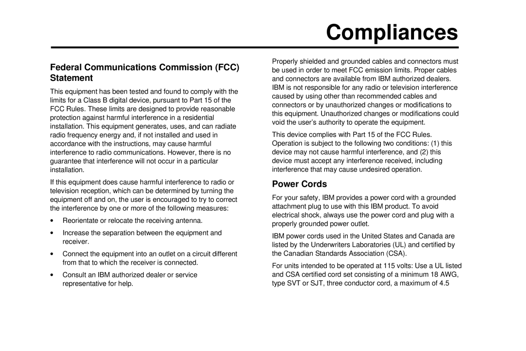 IBM C50 manual Compliances, Federal Communications Commission FCC Statement, Power Cords 