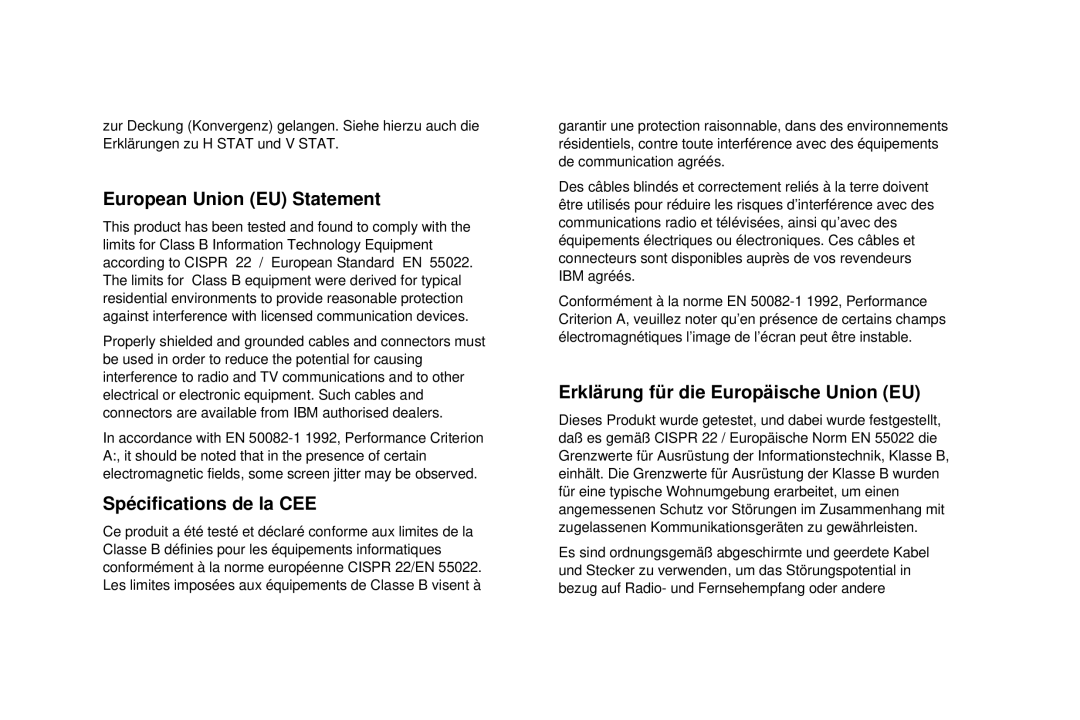 IBM C50 manual European Union EU Statement, Spécifications de la CEE, Erklärung für die Europäische Union EU 