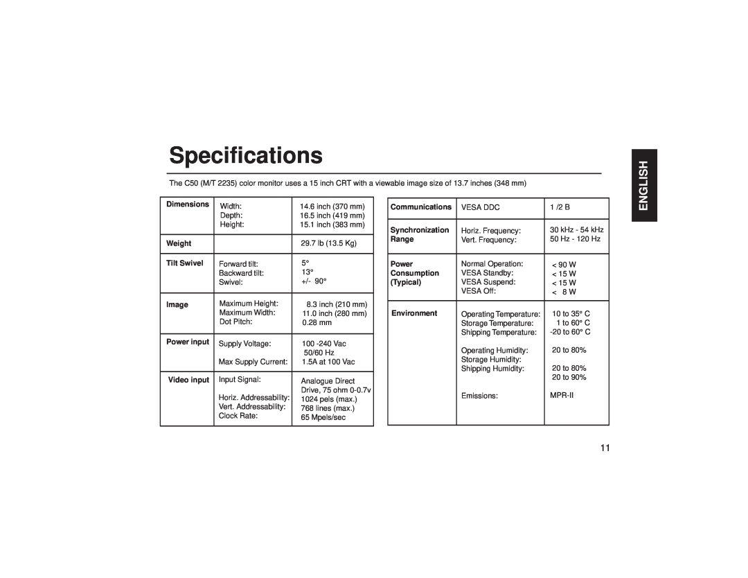 IBM C50 manual Specifications, English 