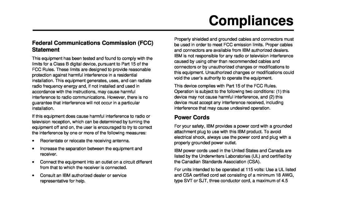 IBM C50 manual Compliances, Federal Communications Commission FCC Statement, Power Cords 