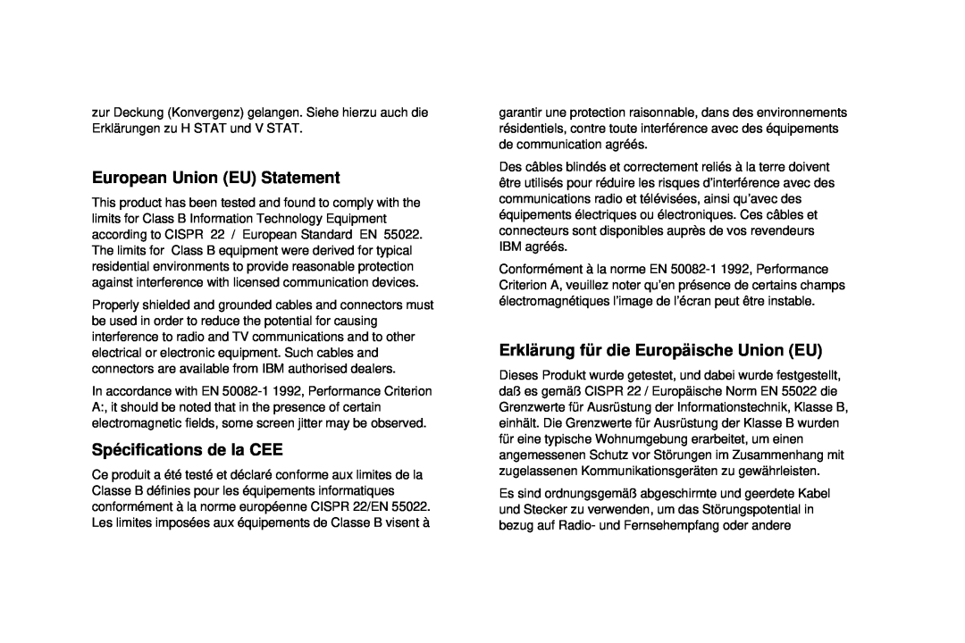 IBM C50 manual European Union EU Statement, Spécifications de la CEE, Erklärung für die Europäische Union EU 