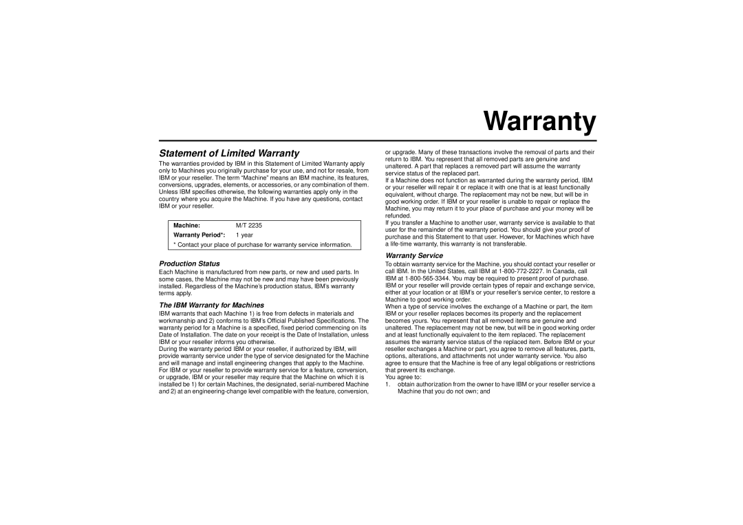 IBM C50 manual Production Status, The IBM Warranty for Machines, Warranty Service, Statement of Limited Warranty 