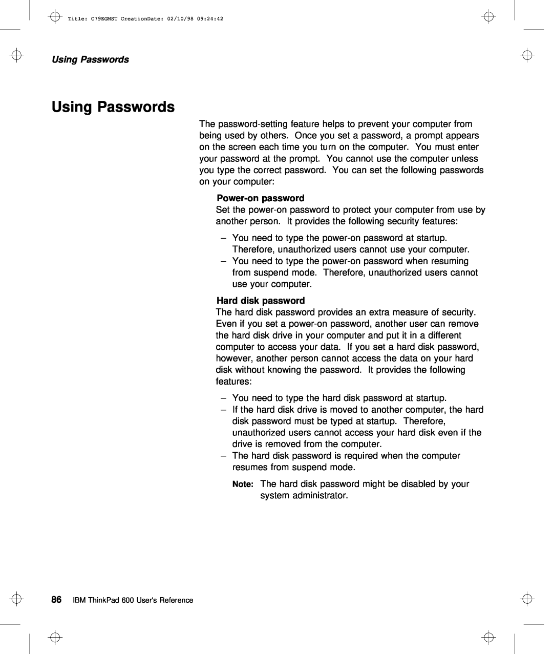 IBM C79EGMST manual Using Passwords, Power-on password, disk password 