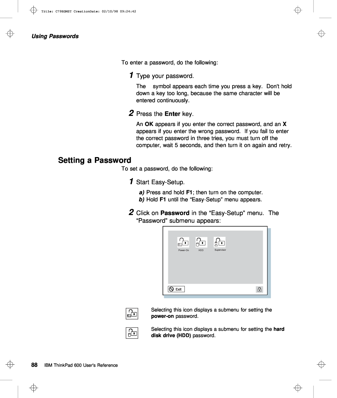 IBM C79EGMST manual Setting a Password, Using Passwords 