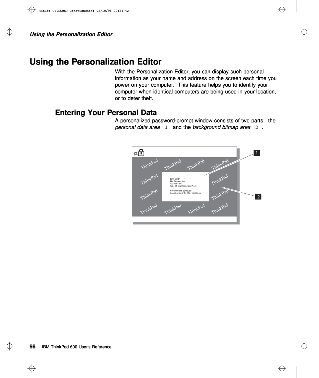 IBM C79EGMST manual Using the Personalization Editor, Entering Your Personal Data 