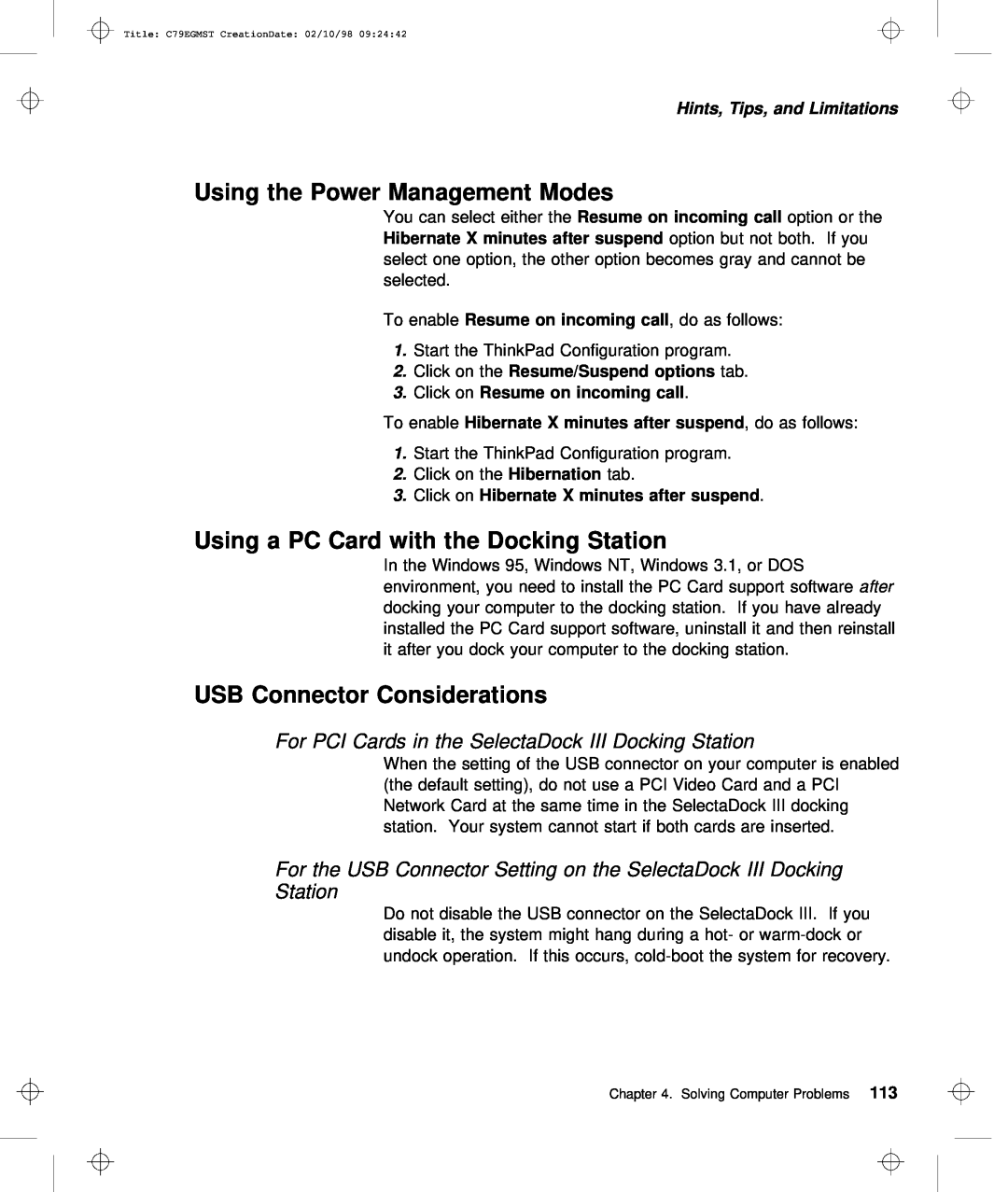 IBM C79EGMST Station, USB Connector Considerations, Using the Power Management Modes, Using a PC Card with, call, after 