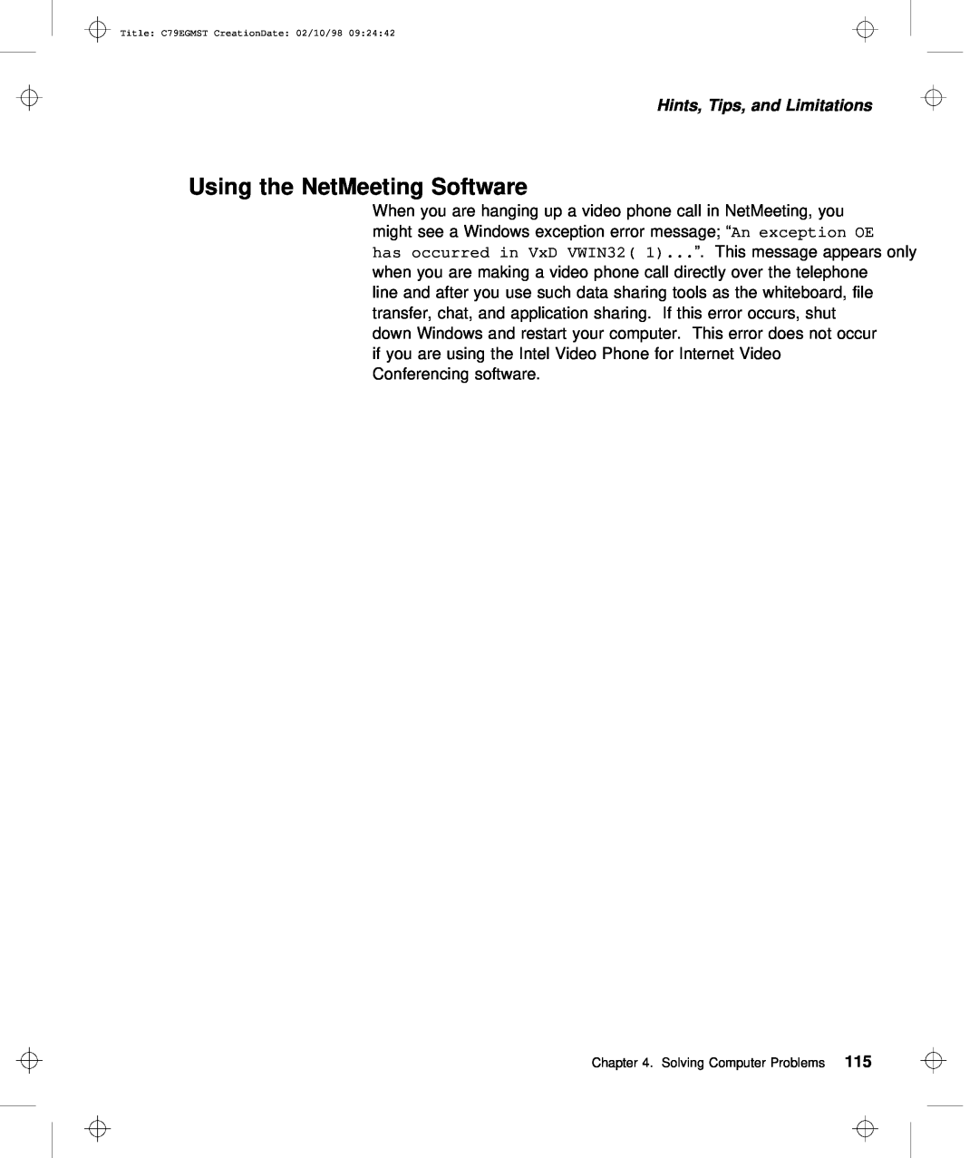 IBM C79EGMST manual Using the NetMeeting Software, Hints, Tips, and Limitations 