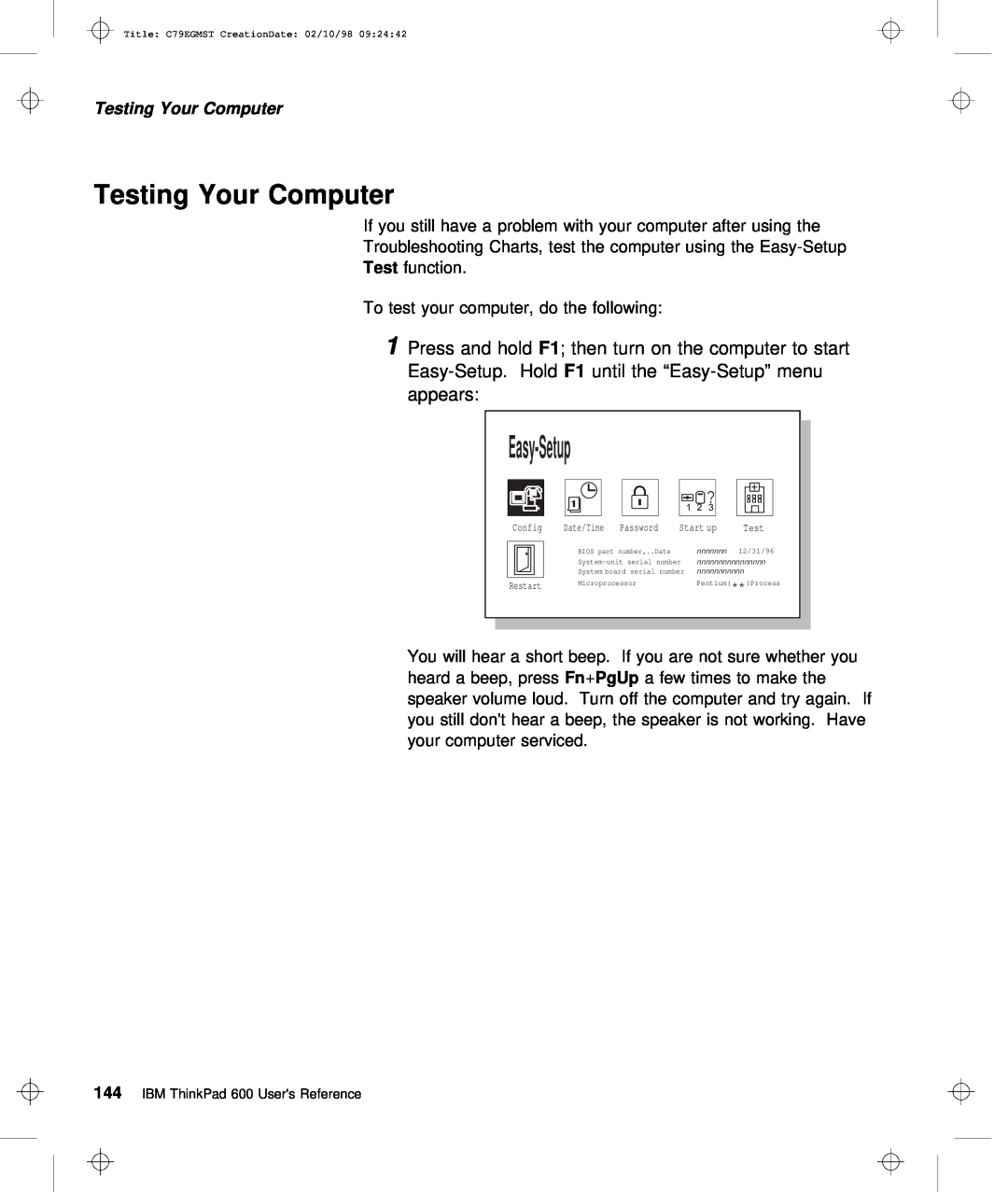 IBM C79EGMST manual Testing Your Computer, Easy-Setup 