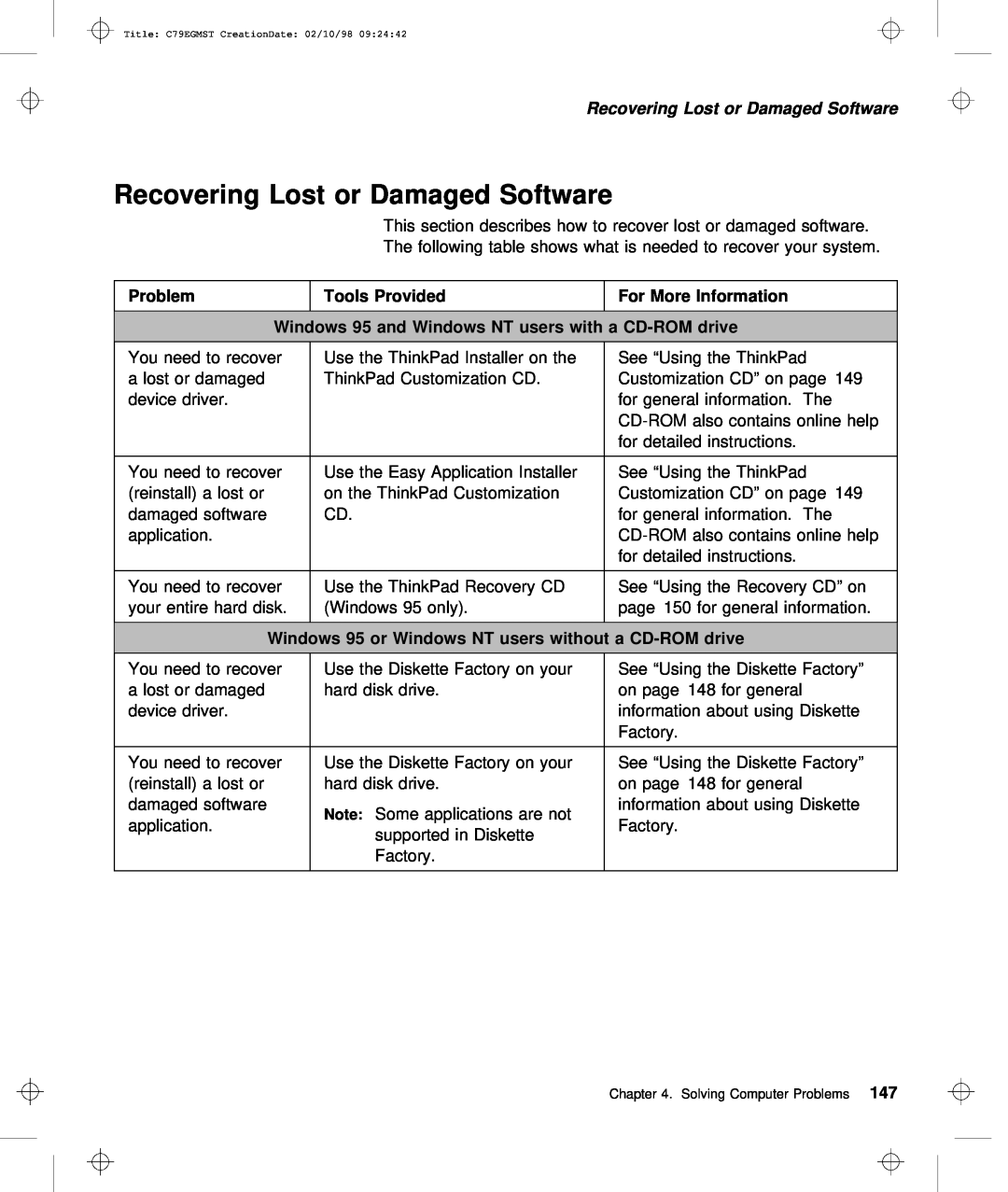 IBM C79EGMST manual Recovering Lost or Damaged Software 