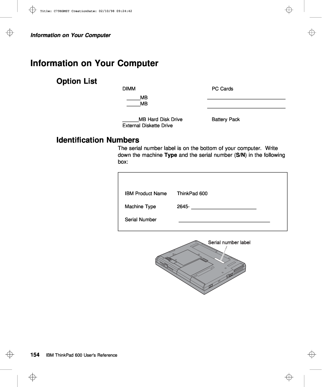 IBM C79EGMST manual Information on Your Computer, Option List, Identification Numbers 