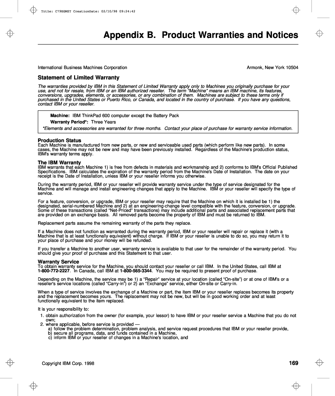 IBM C79EGMST manual Appendix B. Product Warranties and Notices 