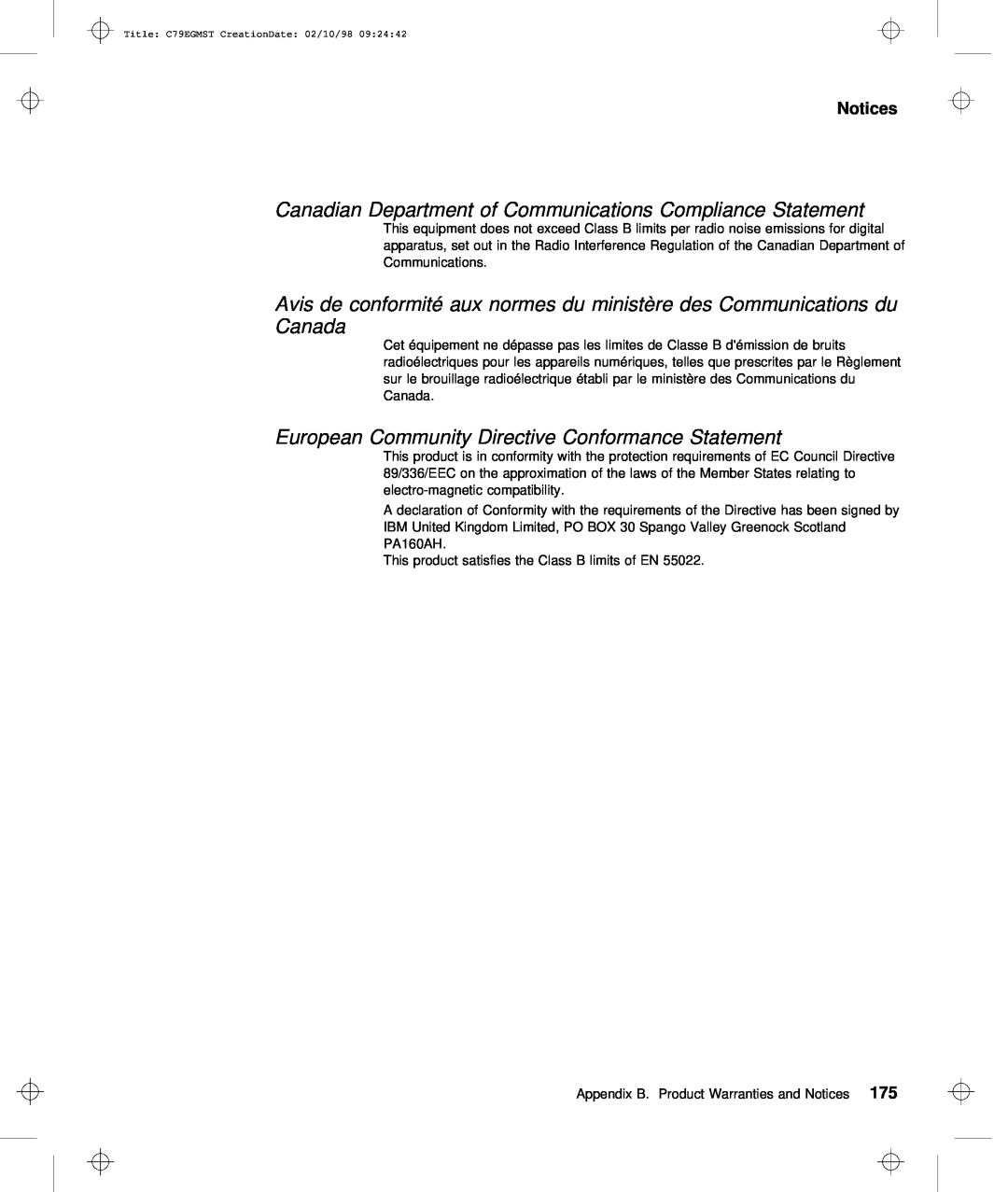 IBM C79EGMST manual Canadian Department of Communications Compliance Statement, Notices, Kingdom 