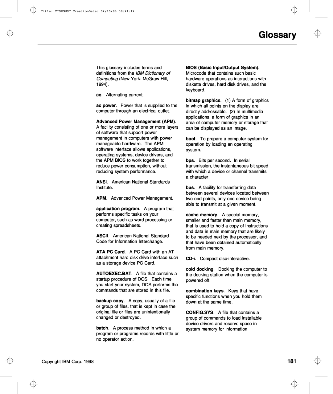 IBM C79EGMST manual Glossary, Ansi, Ascii, CD-i, keys, batch 