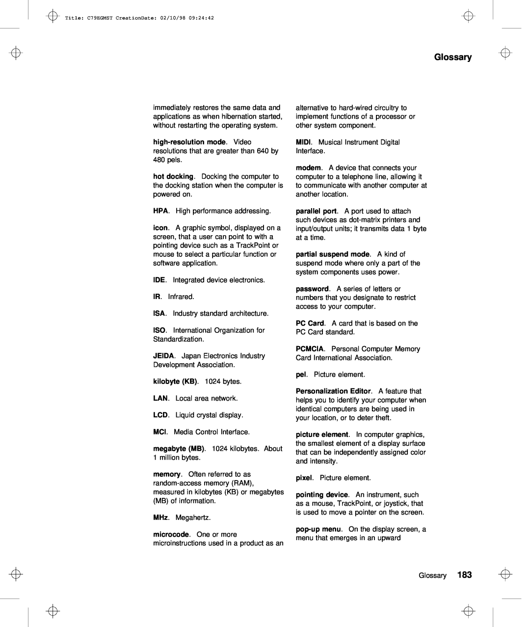IBM C79EGMST manual Glossary, Midi, Card, Lan Lcd, Personalization Editor . A feature that, menu 