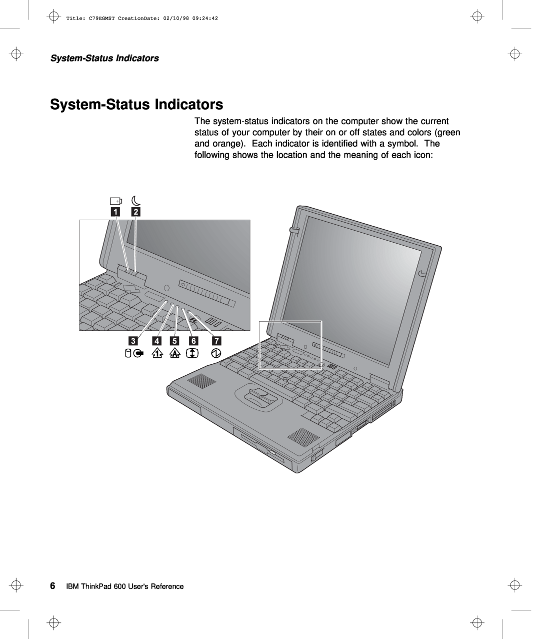 IBM manual System-Status Indicators, Title C79EGMST CreationDate 02/10/98 