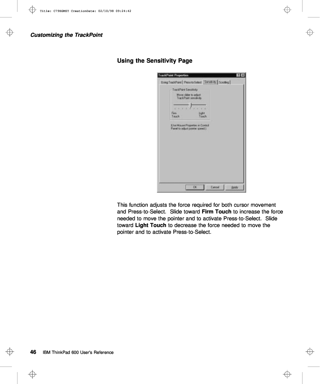 IBM C79EGMST manual Using the Sensitivity Page, Customizing the TrackPoint, towardLight Touch 