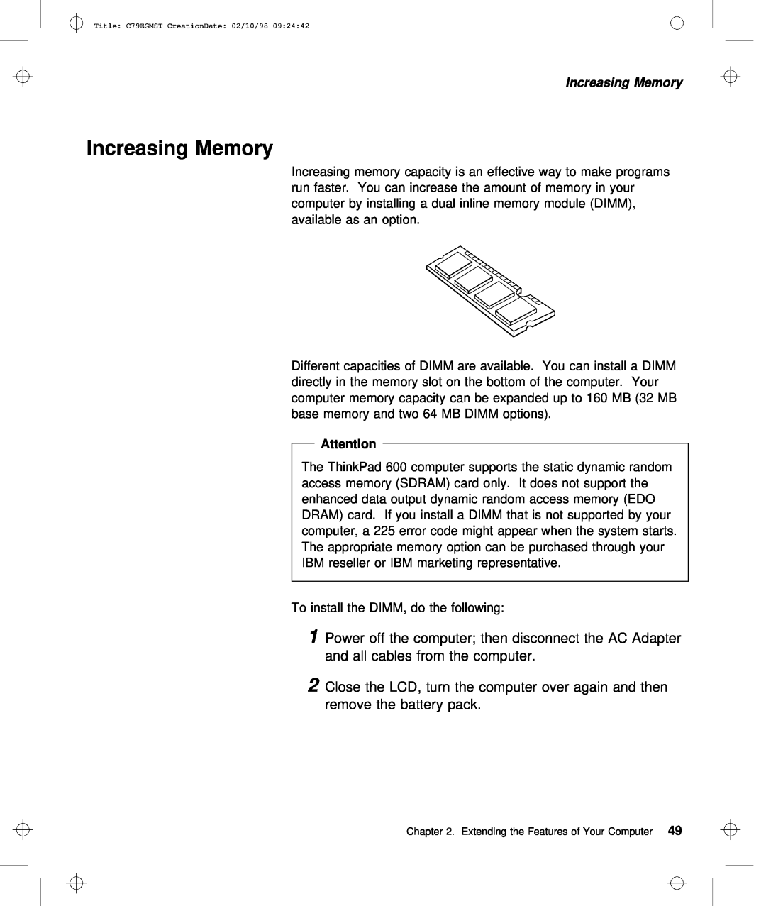 IBM C79EGMST manual Increasing Memory 