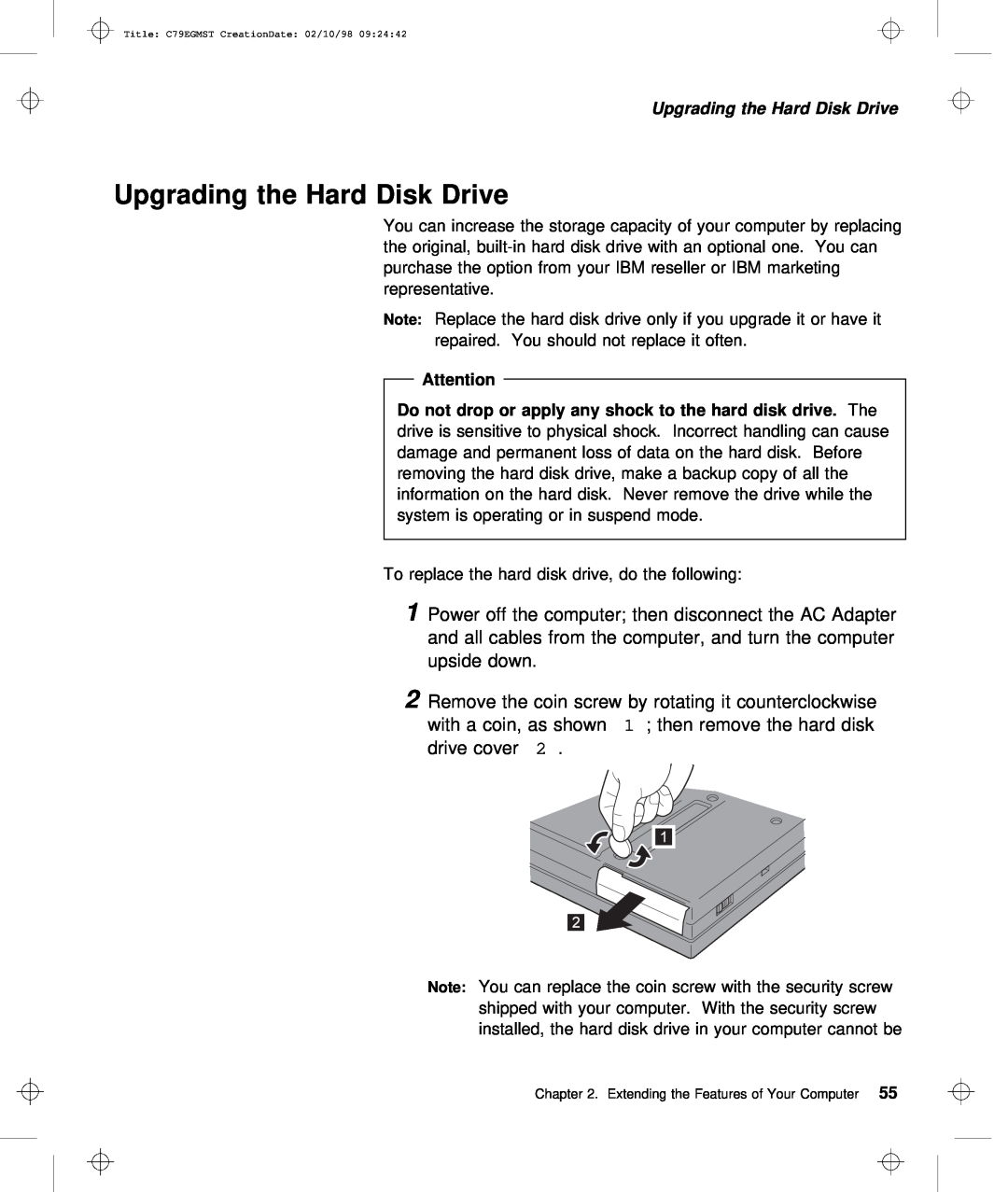 IBM C79EGMST manual Upgrading the Hard Disk Drive 
