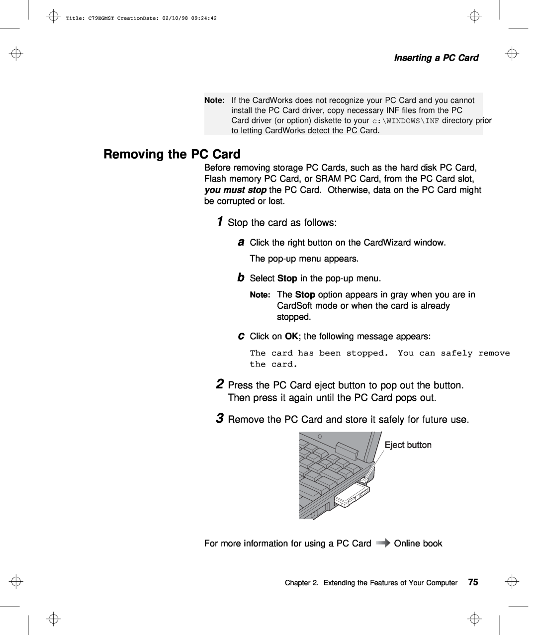 IBM C79EGMST manual Removing the PC Card 