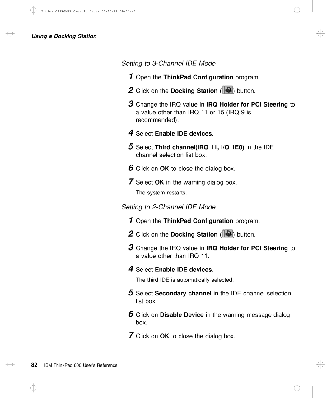 IBM C79EGMST manual Setting Channel, Mode, Click on theDocking Station, For PCI Steering, ChannelIRQ 