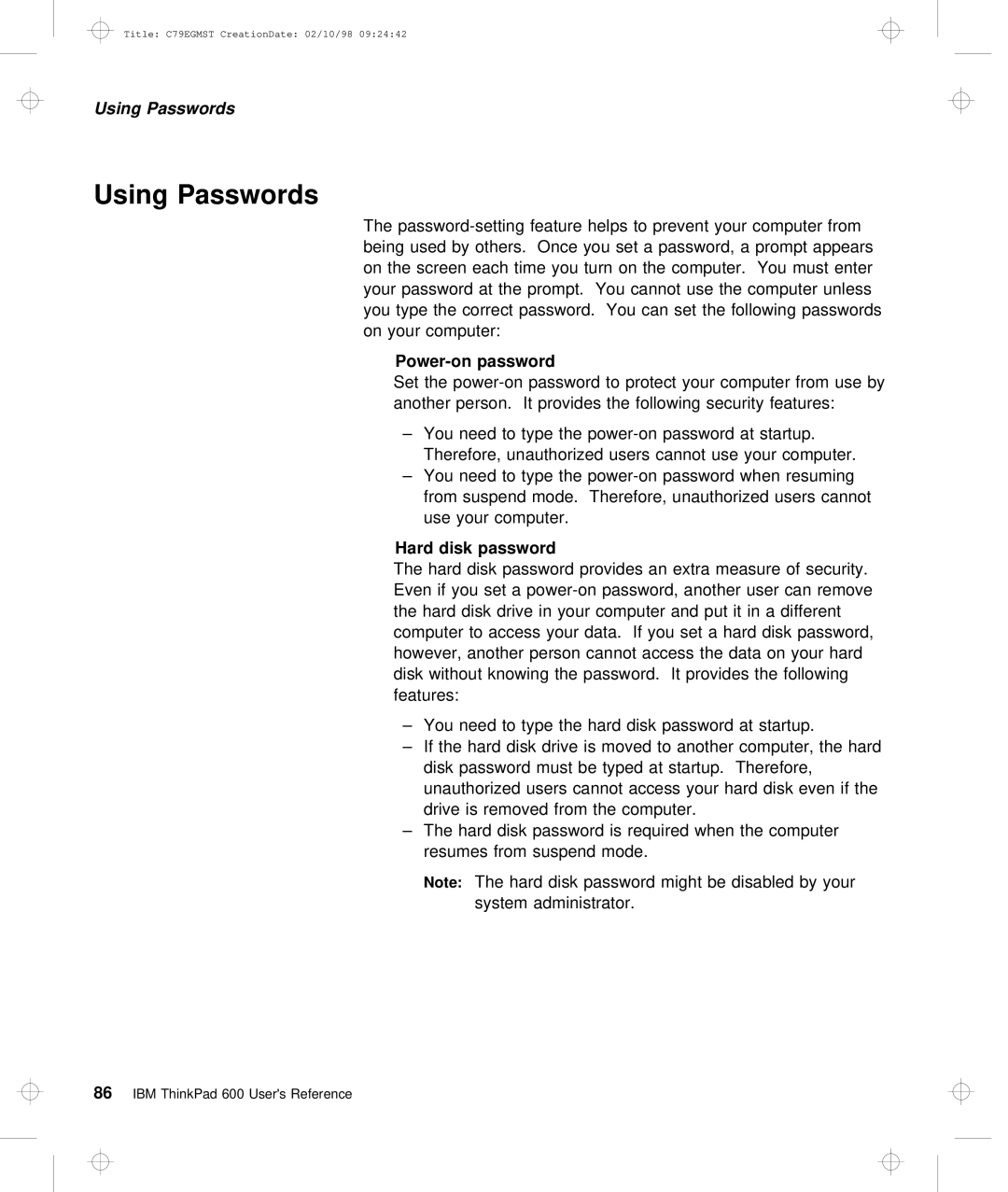 IBM C79EGMST manual Using Passwords, Power-on password, Disk password, Hard 